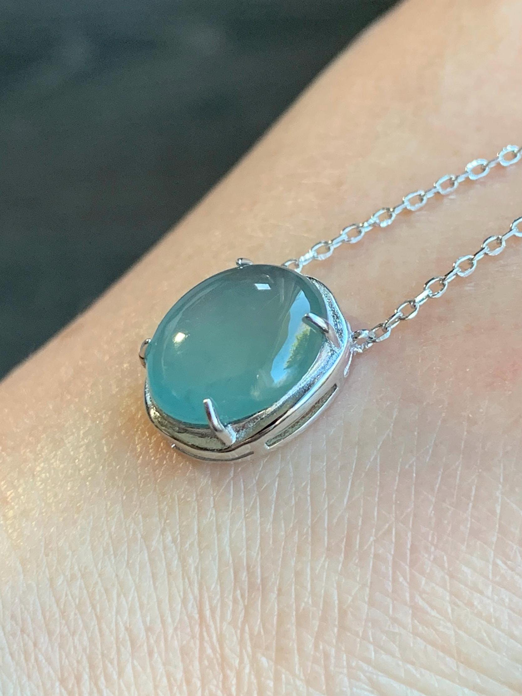 Natural Guatemalan Grade A Icy Translucent Dusty Blue Oval Jadeite Pendant Chain Necklace S925 Sterling Silver 15.5”-17” 3g 天然冰危蓝翡翠银镶吊坠套链