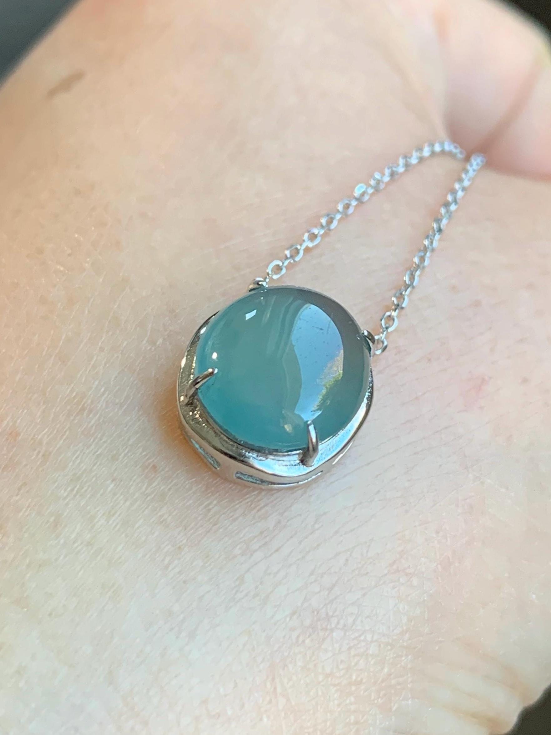 Natural Guatemalan Grade A Icy Translucent Dusty Blue Oval Jadeite Pendant Chain Necklace S925 Sterling Silver 15.5”-17” 3g 天然冰危蓝翡翠银镶吊坠套链