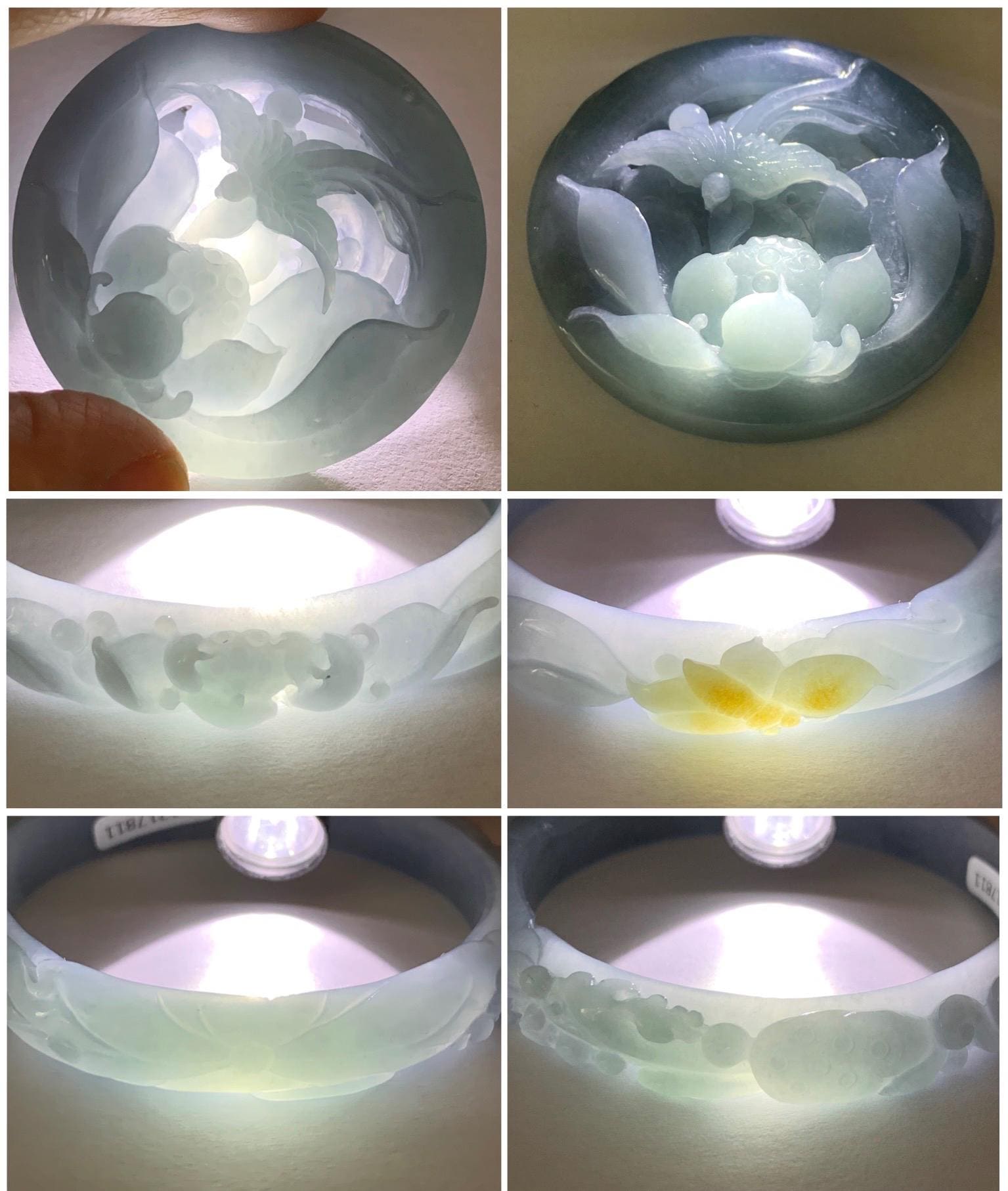Certified Natural Guatemalan Premium Icy Dusty Blue Jadeite Carved Bangle Matching Bangle Hole Pendant 60.4 mm 天然冰胶危蓝翡翠荷花喜鹊雕刻手镯和镯心吊坠 811 813