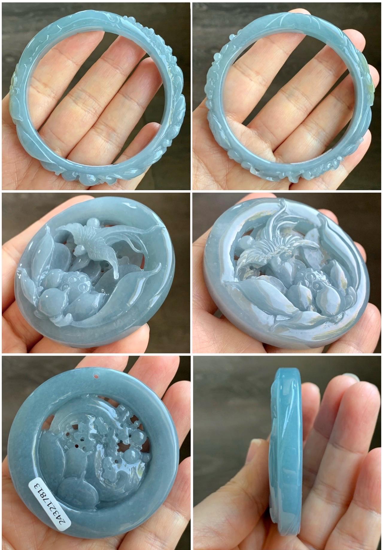 Certified Natural Guatemalan Premium Icy Dusty Blue Jadeite Carved Bangle Matching Bangle Hole Pendant 60.4 mm 天然冰胶危蓝翡翠荷花喜鹊雕刻手镯和镯心吊坠 811 813