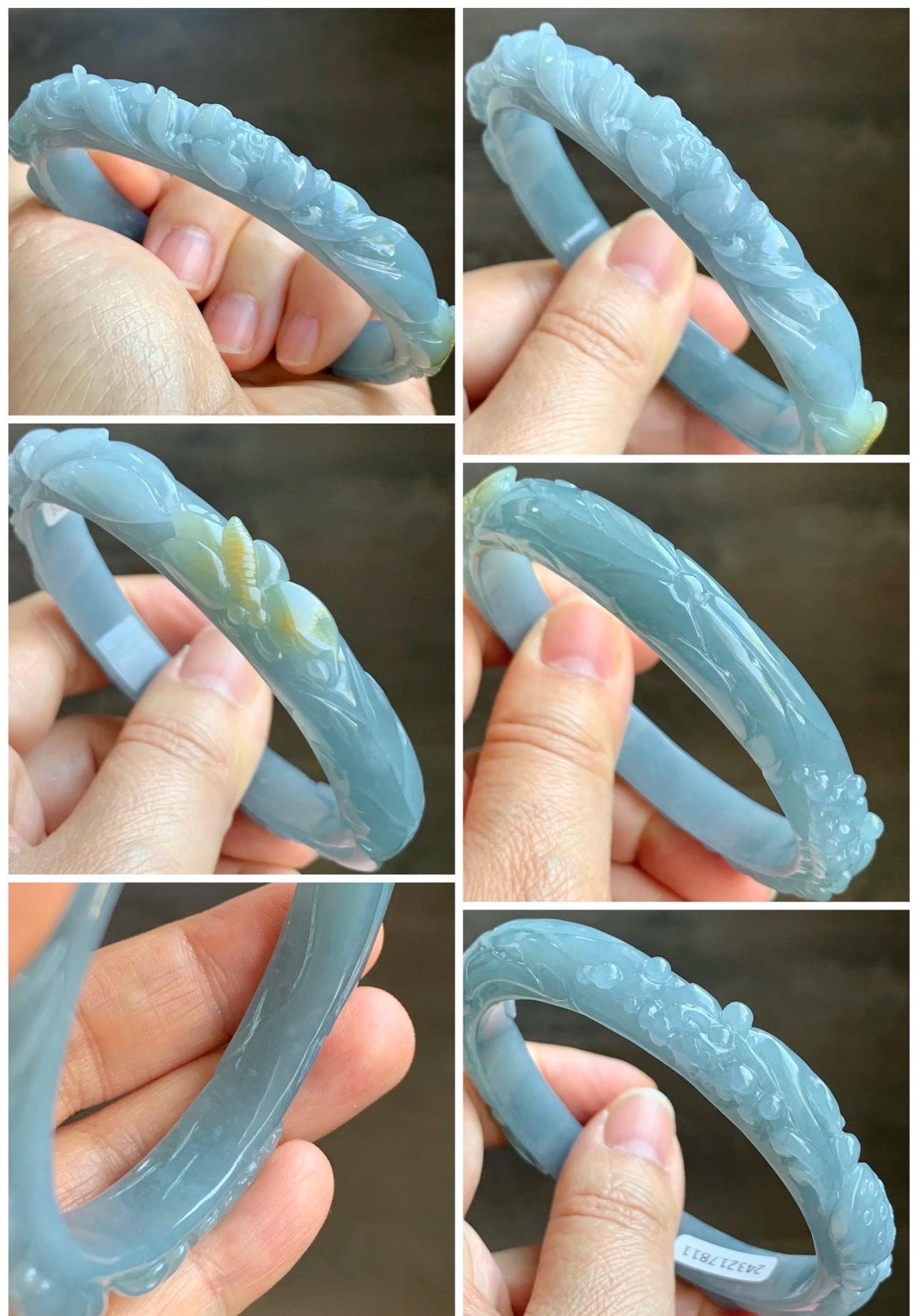 Certified Natural Guatemalan Premium Icy Dusty Blue Jadeite Carved Bangle Matching Bangle Hole Pendant 60.4 mm 天然冰胶危蓝翡翠荷花喜鹊雕刻手镯和镯心吊坠 811 813