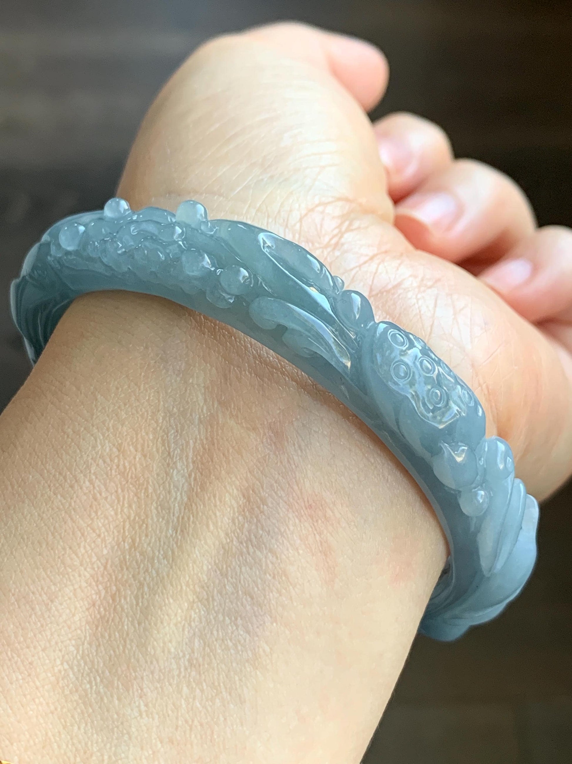 Certified Natural Guatemalan Premium Icy Dusty Blue Jadeite Carved Bangle Matching Bangle Hole Pendant 60.4 mm 天然冰胶危蓝翡翠荷花喜鹊雕刻手镯和镯心吊坠 811 813