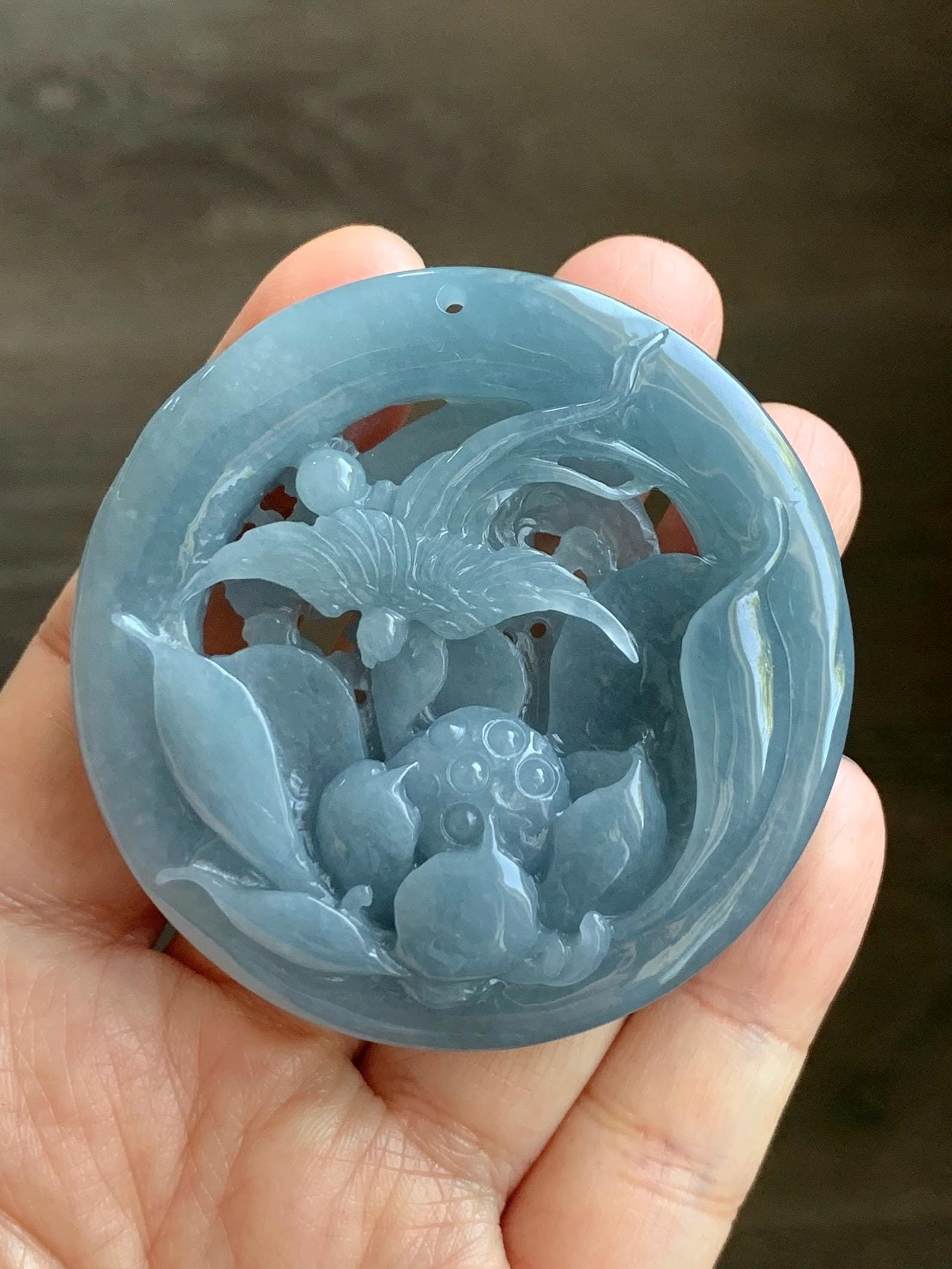 Certified Natural Guatemalan Premium Icy Dusty Blue Jadeite Carved Bangle Matching Bangle Hole Pendant 60.4 mm 天然冰胶危蓝翡翠荷花喜鹊雕刻手镯和镯心吊坠 811 813