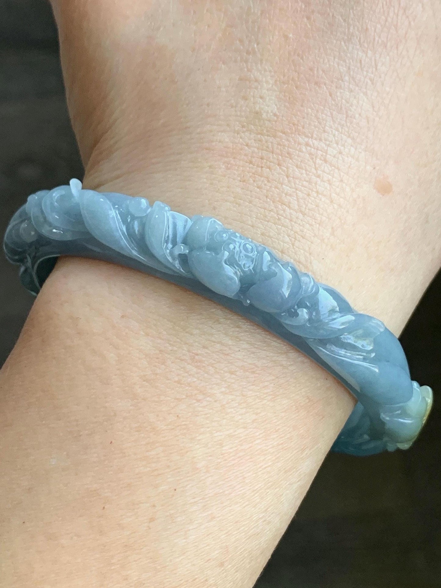 Certified Natural Guatemalan Premium Icy Dusty Blue Jadeite Carved Bangle Matching Bangle Hole Pendant 60.4 mm 天然冰胶危蓝翡翠荷花喜鹊雕刻手镯和镯心吊坠 811 813