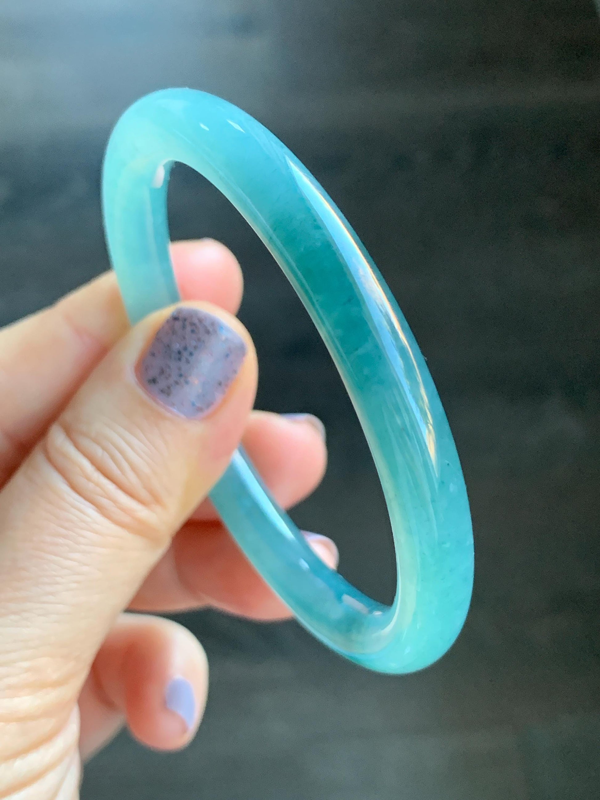 Certified Natural Guatemalan Icy Highly Translucent Dusty Teal Blue Jadeite Rounded Bangle Bracelet 55.6mm 7.6x7.7mm 天然老种冰胶危蓝翡翠圆条手镯 7805