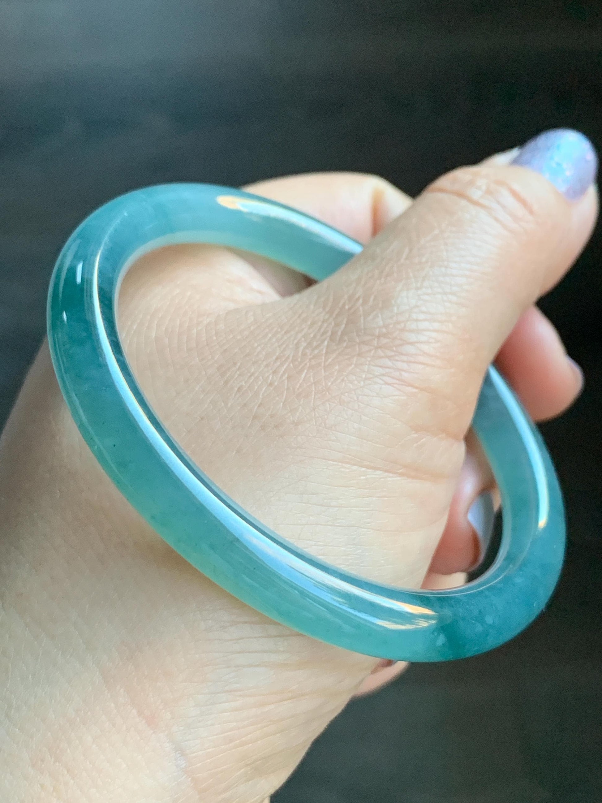 Certified Natural Guatemalan Icy Highly Translucent Dusty Teal Blue Jadeite Rounded Bangle Bracelet 55.6mm 7.6x7.7mm 天然老种冰胶危蓝翡翠圆条手镯 7805