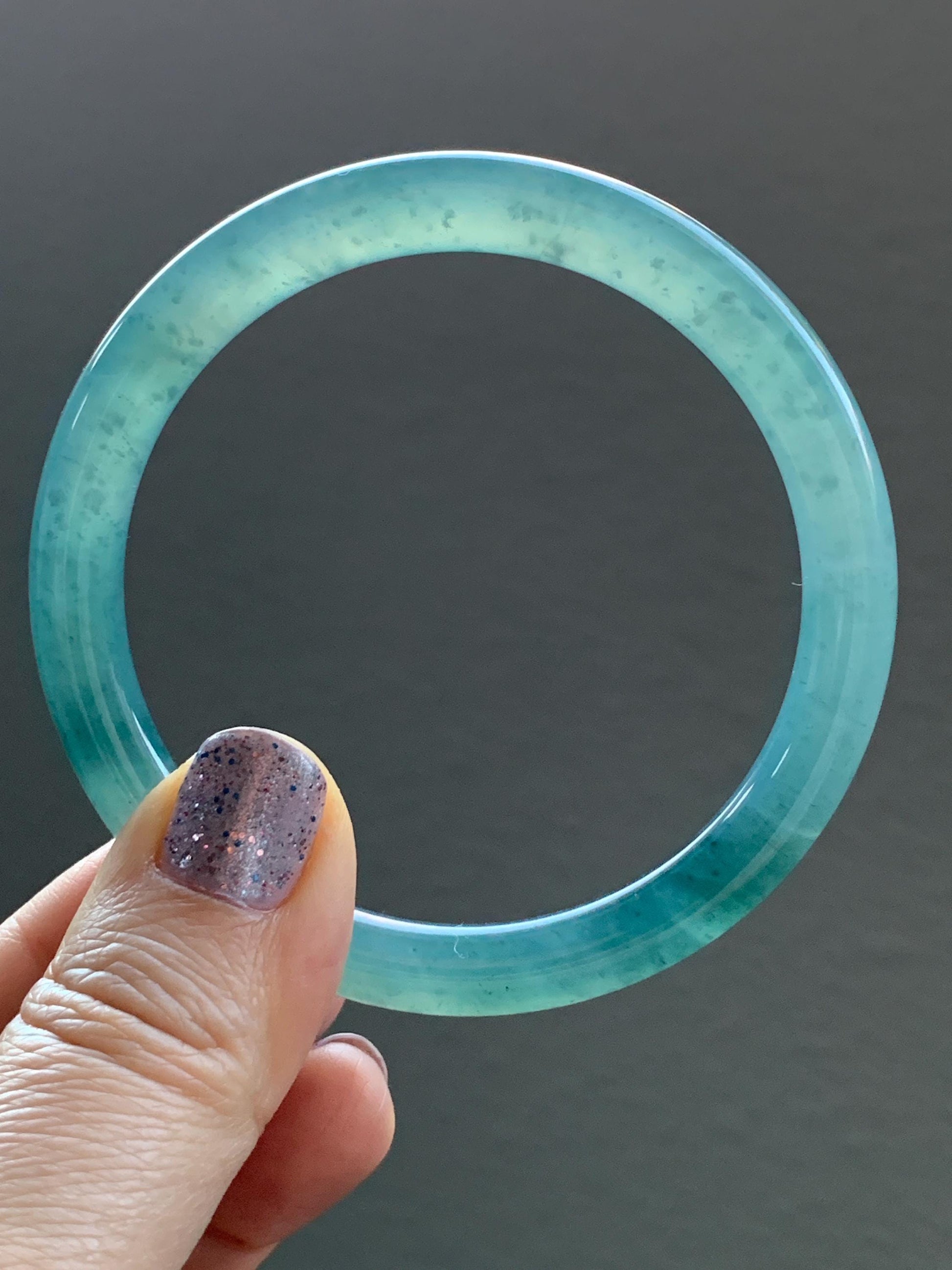 Certified Natural Guatemalan Icy Highly Translucent Dusty Teal Blue Jadeite Rounded Bangle Bracelet 55.6mm 7.6x7.7mm 天然老种冰胶危蓝翡翠圆条手镯 7805