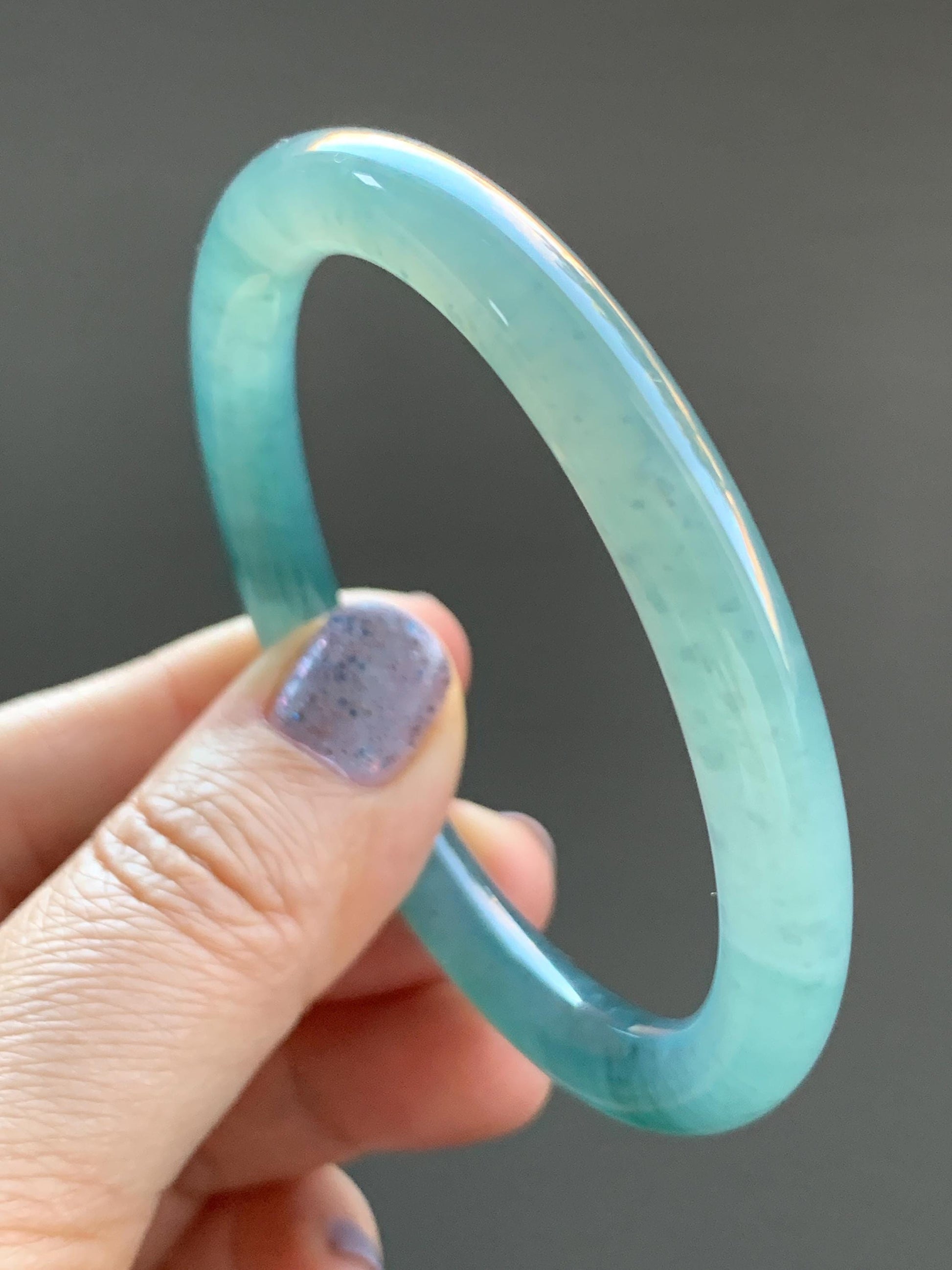 Certified Natural Guatemalan Icy Highly Translucent Dusty Teal Blue Jadeite Rounded Bangle Bracelet 55.6mm 7.6x7.7mm 天然老种冰胶危蓝翡翠圆条手镯 7805