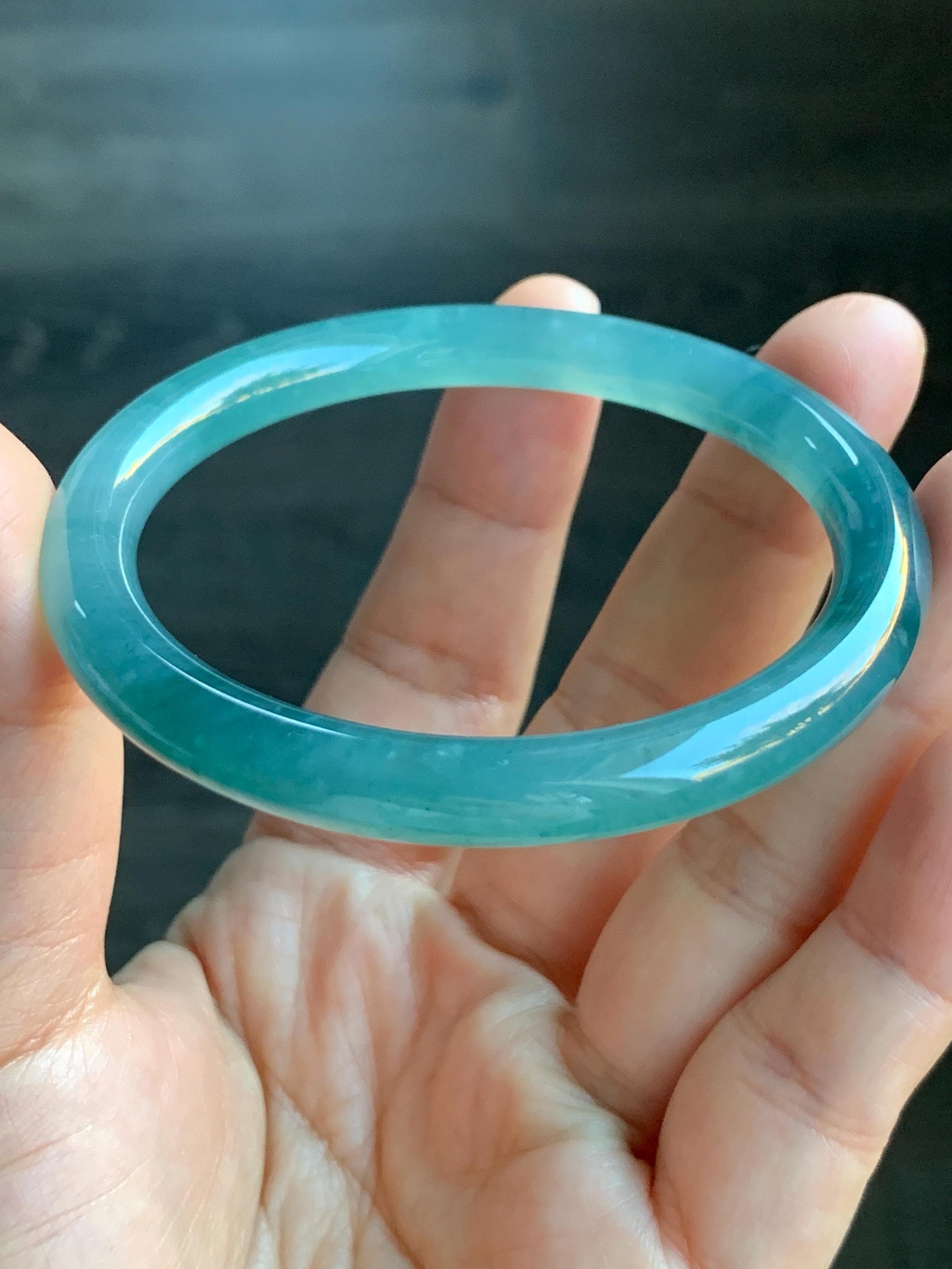 Certified Natural Guatemalan Icy Highly Translucent Dusty Teal Blue Jadeite Rounded Bangle Bracelet 55.6mm 7.6x7.7mm 天然老种冰胶危蓝翡翠圆条手镯 7805