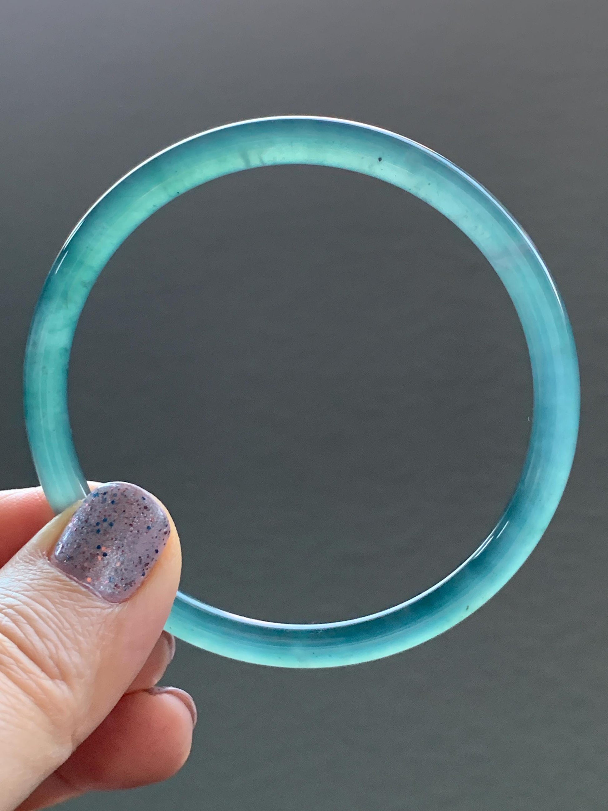 Certified Natural Guatemalan Icy Highly Translucent Dark Teal Blue Jadeite Slim Bangle Bracelet 57.7mm 5.1x5.4mm 15.18g 天然老种冰胶危深蓝翡翠细条手镯 7804