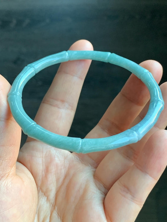 Certified Natural Guatemalan Translucent Light Teal Blue Jadeite Carved Slim Bamboo Bangle Bracelet 62.3mm 7.68” 17.09g 天然危浅篮绿翡翠竹节手镯 7821