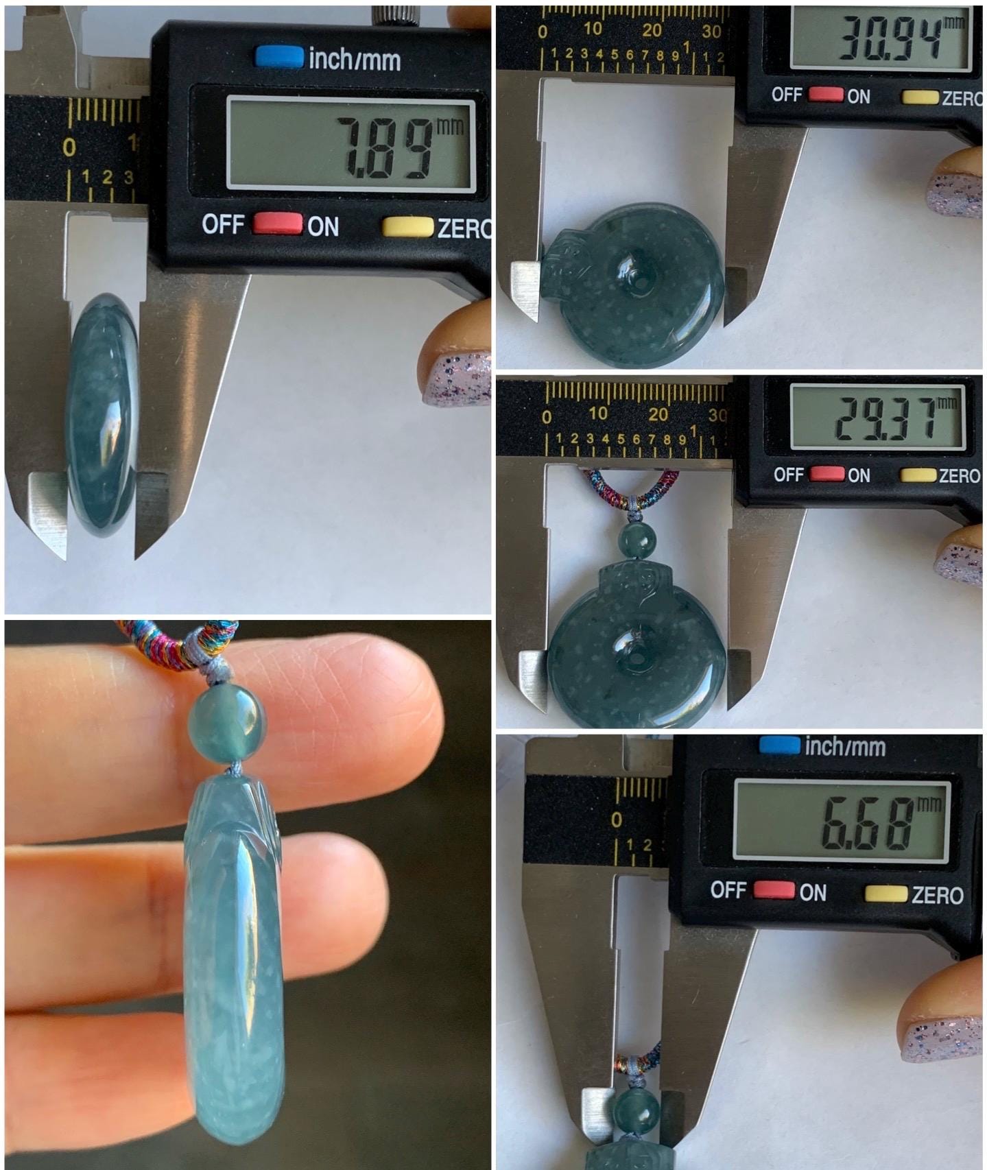Natural Guatemalan Icy Highly Translucent Dark Teal Blue Jadeite Retro Style Ping An Kou Donut Pendant Rope Necklace 28” 16g 天然老种冰危蓝翡翠平安扣吊坠