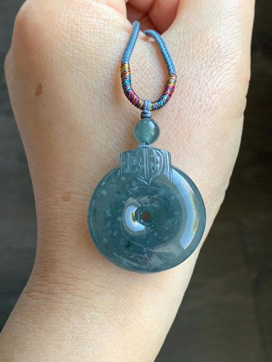 Natural Guatemalan Icy Highly Translucent Dark Teal Blue Jadeite Retro Style Ping An Kou Donut Pendant Rope Necklace 28” 16g 天然老种冰危蓝翡翠平安扣吊坠