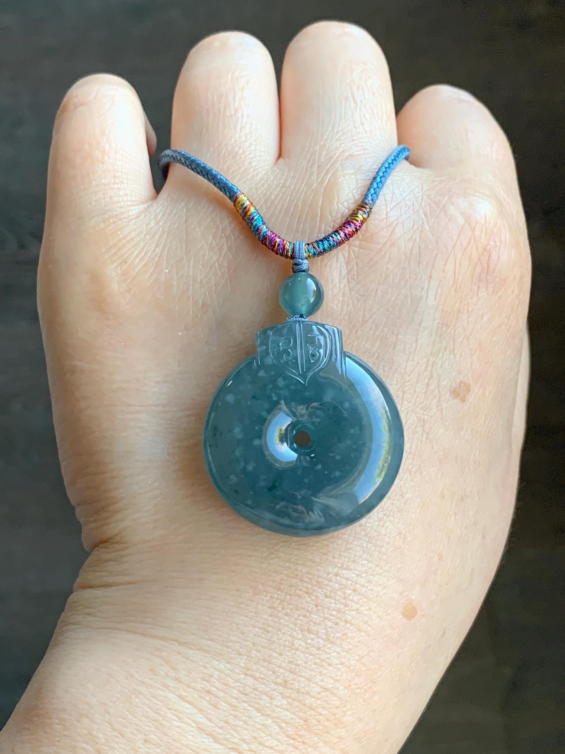 Natural Guatemalan Icy Highly Translucent Dark Teal Blue Jadeite Retro Style Ping An Kou Donut Pendant Rope Necklace 28” 16g 天然老种冰危蓝翡翠平安扣吊坠