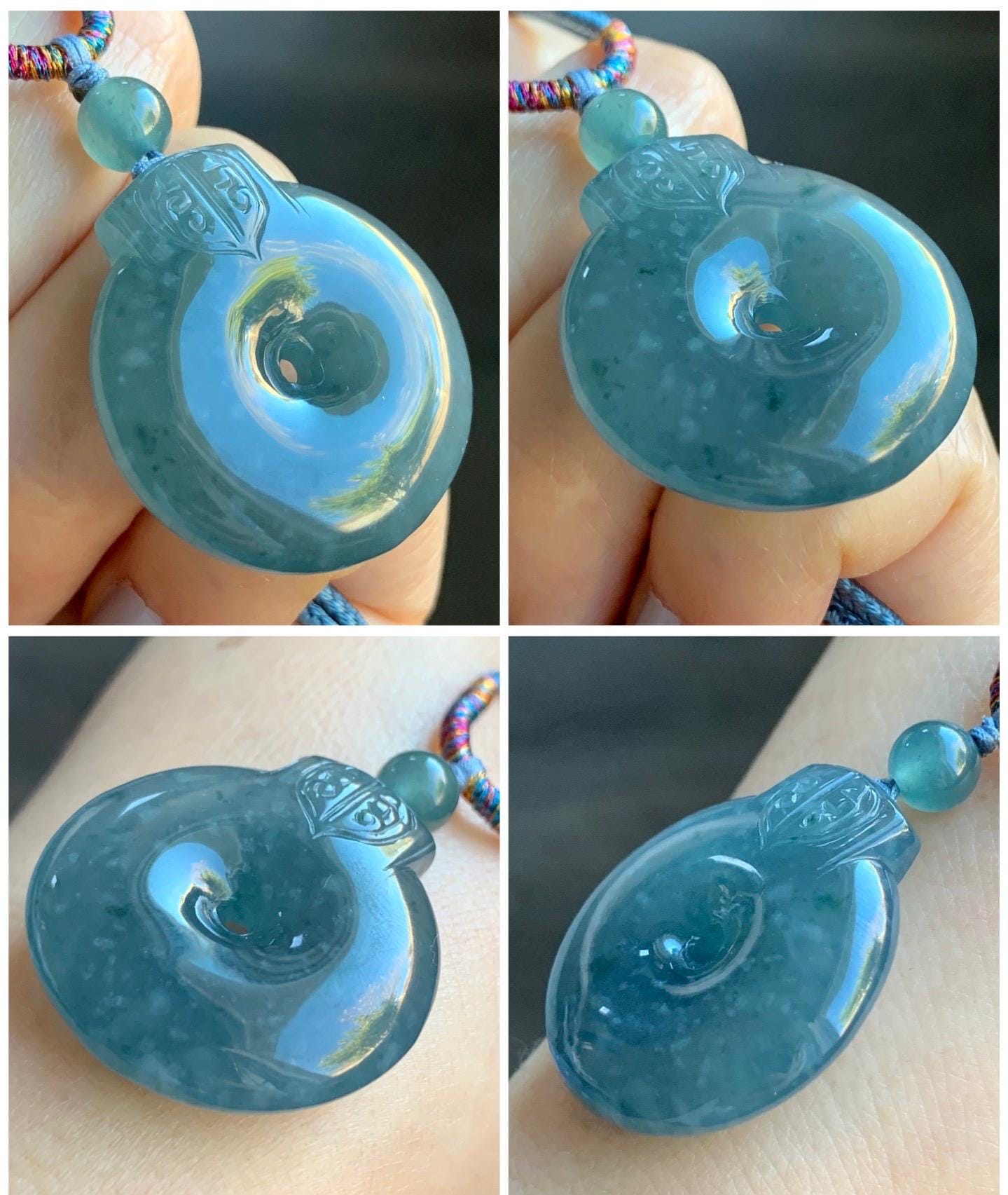 Natural Guatemalan Icy Highly Translucent Dark Teal Blue Jadeite Retro Style Ping An Kou Donut Pendant Rope Necklace 28” 16g 天然老种冰危蓝翡翠平安扣吊坠