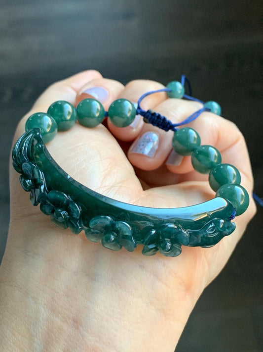 Natural Guatemalan Icy Translucent Deep Blue Jadeite Carved Cherry Blossom Cuff Teal Blue Beads Beaded Bracelet 6.75” 天然冰危深蓝飘绿翡翠梅花枝手牌圆珠手串