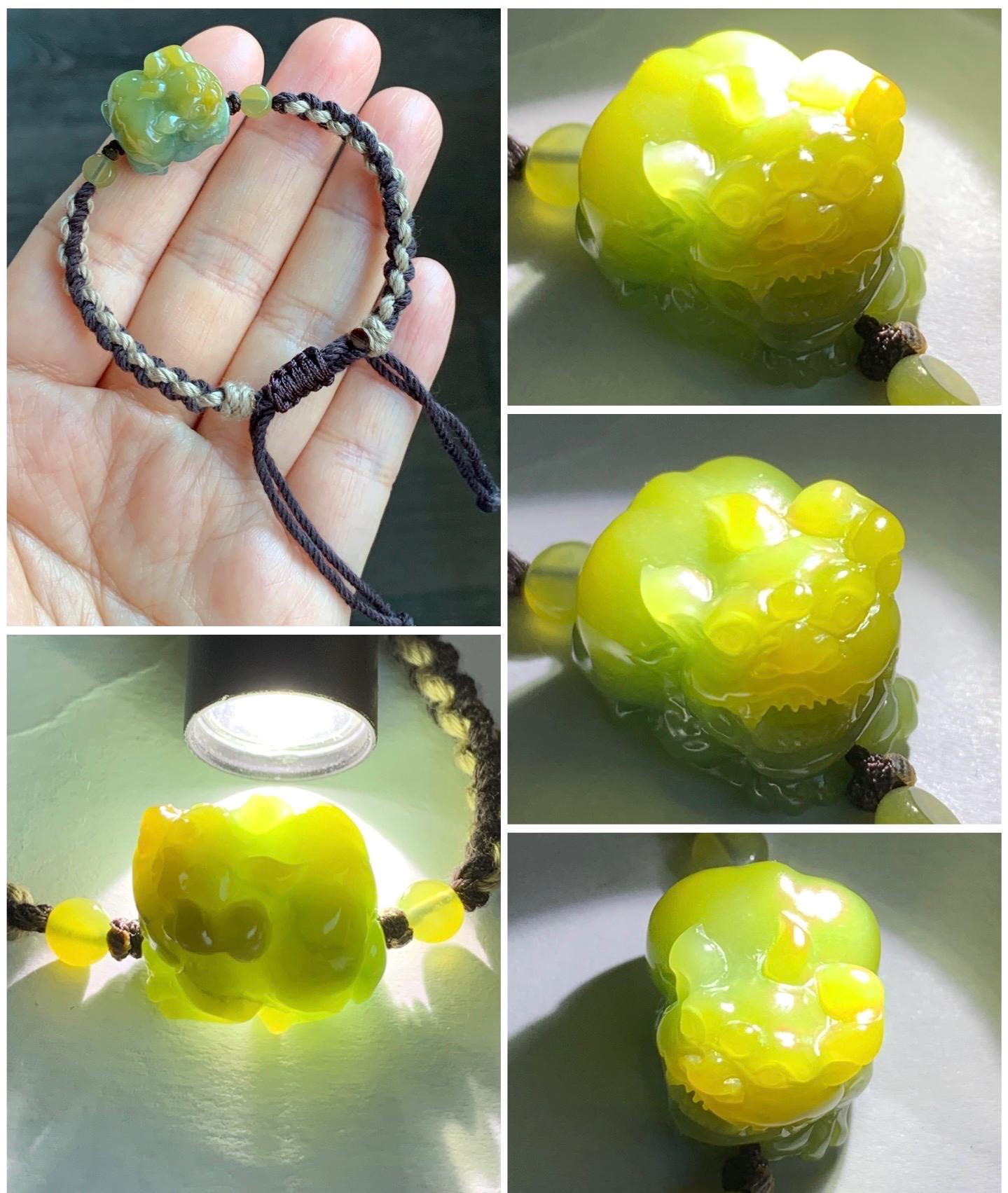 Certified Natural Guatemalan Icy Translucent Gelatinous Bright Yellow Marbled Jadeite Pixiu Rope Bracelet 5.5”-9.5” 天然冰胶危黄蓝翡翠貔貅手绳 7797
