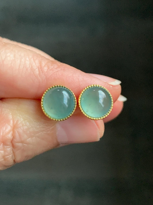 Natural Guatemalan Icy Highly Translucent Light Teal Green Jadeite Round Stud Earrings Sterling Silver Yellow Gold Finish 天然冰危浅绿翡翠蛋面银镶耳钉