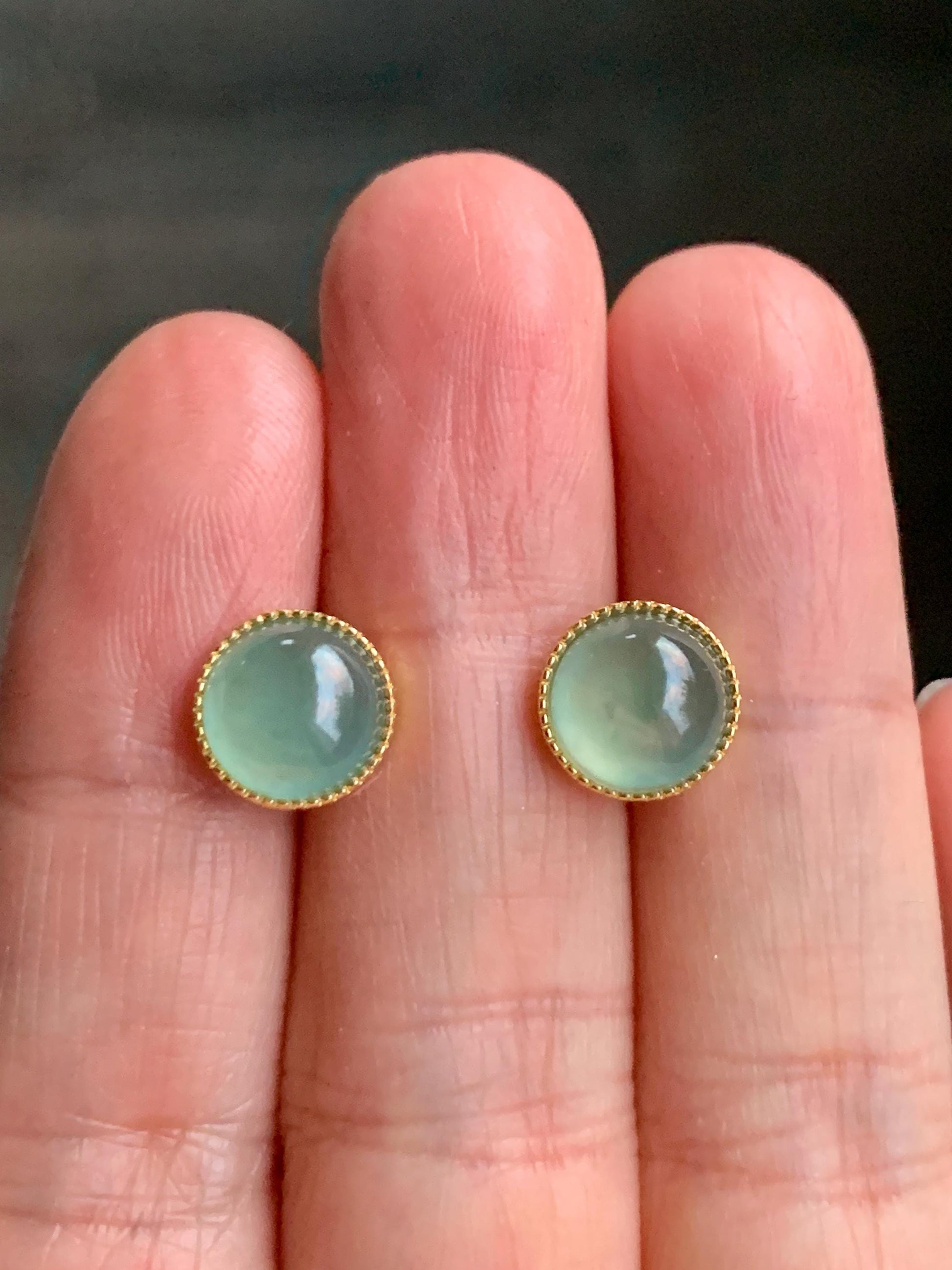 Natural Guatemalan Icy Highly Translucent Light Teal Green Jadeite Round Stud Earrings Sterling Silver Yellow Gold Finish 天然冰危浅绿翡翠蛋面银镶耳钉