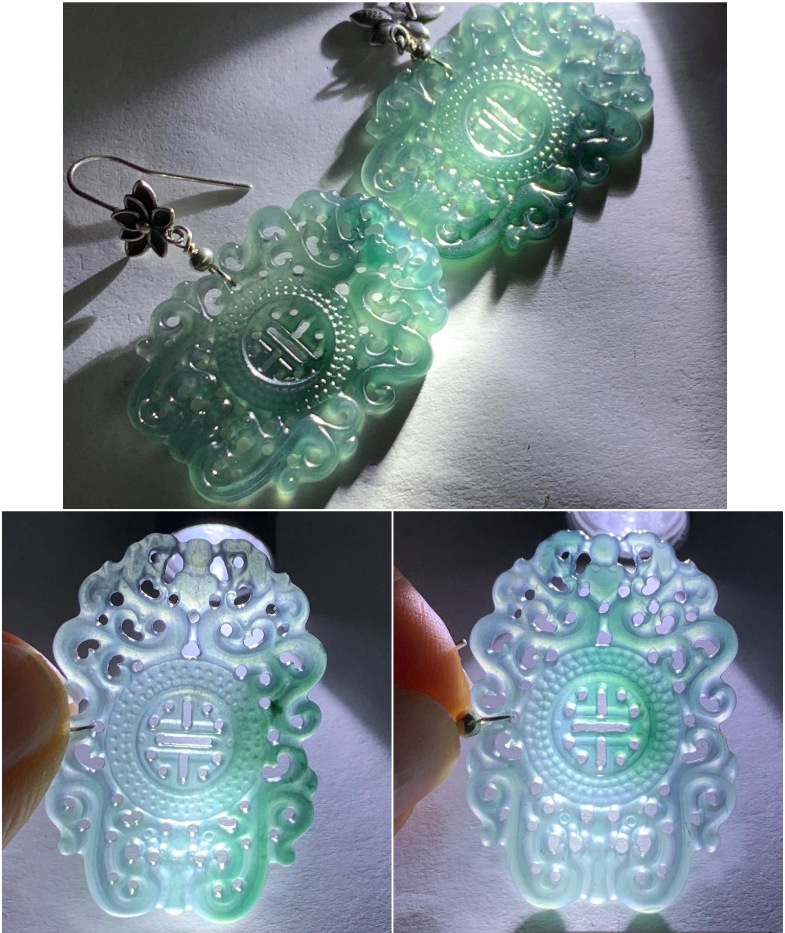 Natural Guatemalan Icy Highly Translucent Teal Blue Dark Green Marbled Jadeite Engraved Dangle Earrings Sterling Silver 天然冰危蓝起光翡翠仿古镂空雕银耳钩