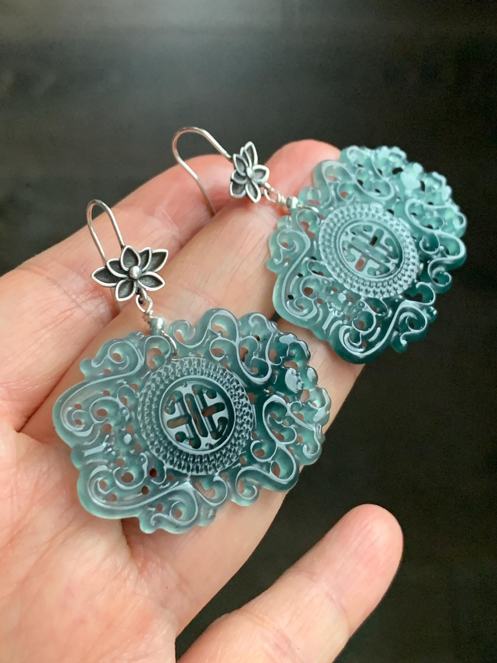 Natural Guatemalan Icy Highly Translucent Teal Blue Dark Green Marbled Jadeite Engraved Dangle Earrings Sterling Silver 天然冰危蓝起光翡翠仿古镂空雕银耳钩