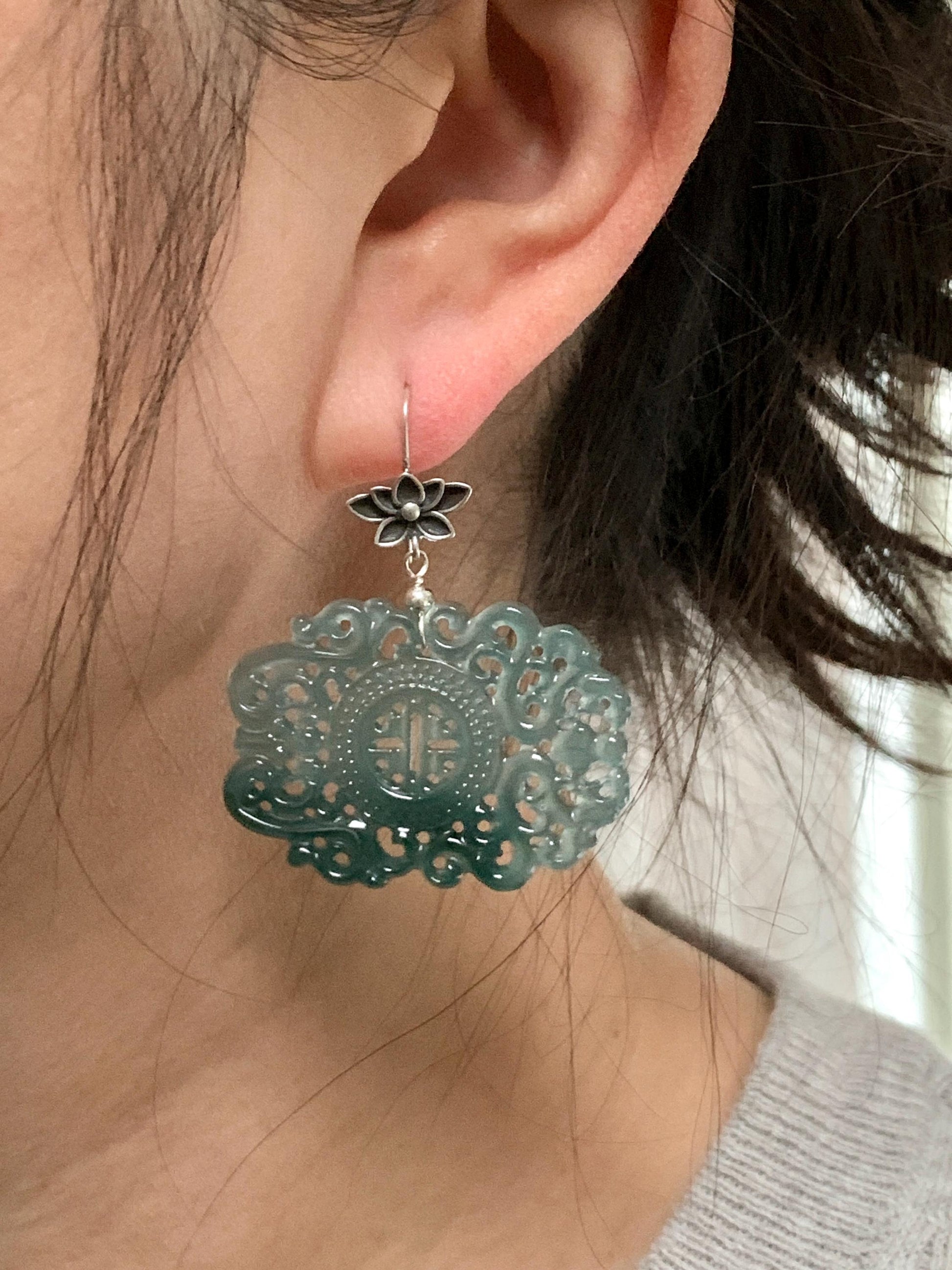 Natural Guatemalan Icy Highly Translucent Teal Blue Dark Green Marbled Jadeite Engraved Dangle Earrings Sterling Silver 天然冰危蓝起光翡翠仿古镂空雕银耳钩