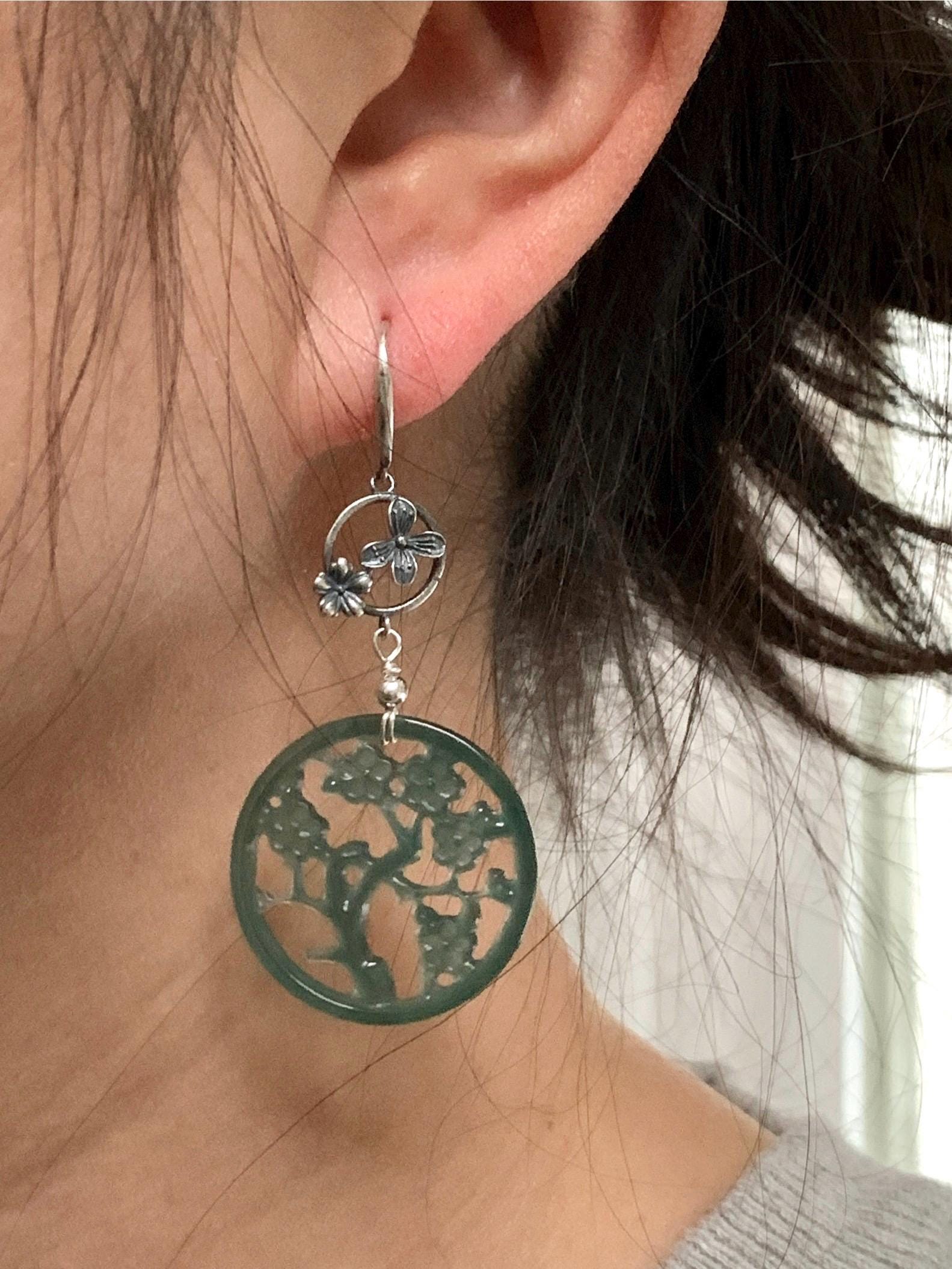 Natural Guatemalan Icy Highly Translucent Dark Teal Green Jadeite Engraved Cherry Blossom Dangle Earrings Sterling Silver 天然冰危蓝绿起光翡翠梅花枝仿古银耳钩
