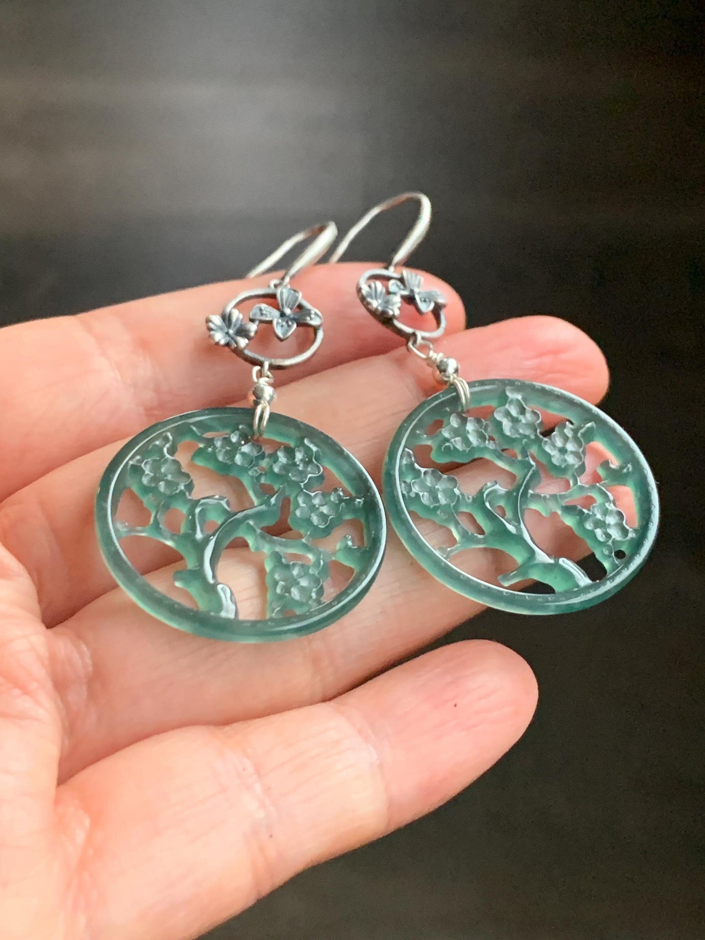Natural Guatemalan Icy Highly Translucent Dark Teal Green Jadeite Engraved Cherry Blossom Dangle Earrings Sterling Silver 天然冰危蓝绿起光翡翠梅花枝仿古银耳钩