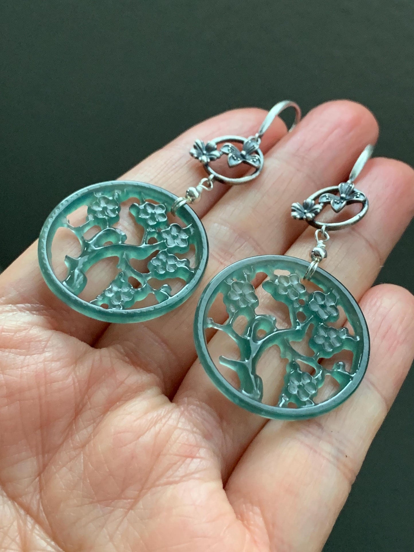 Natural Guatemalan Icy Highly Translucent Dark Teal Green Jadeite Engraved Cherry Blossom Dangle Earrings Sterling Silver 天然冰危蓝绿起光翡翠梅花枝仿古银耳钩