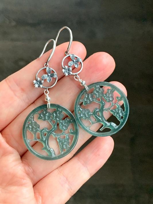 Natural Guatemalan Icy Highly Translucent Dark Teal Green Jadeite Engraved Cherry Blossom Dangle Earrings Sterling Silver 天然冰危蓝绿起光翡翠梅花枝仿古银耳钩