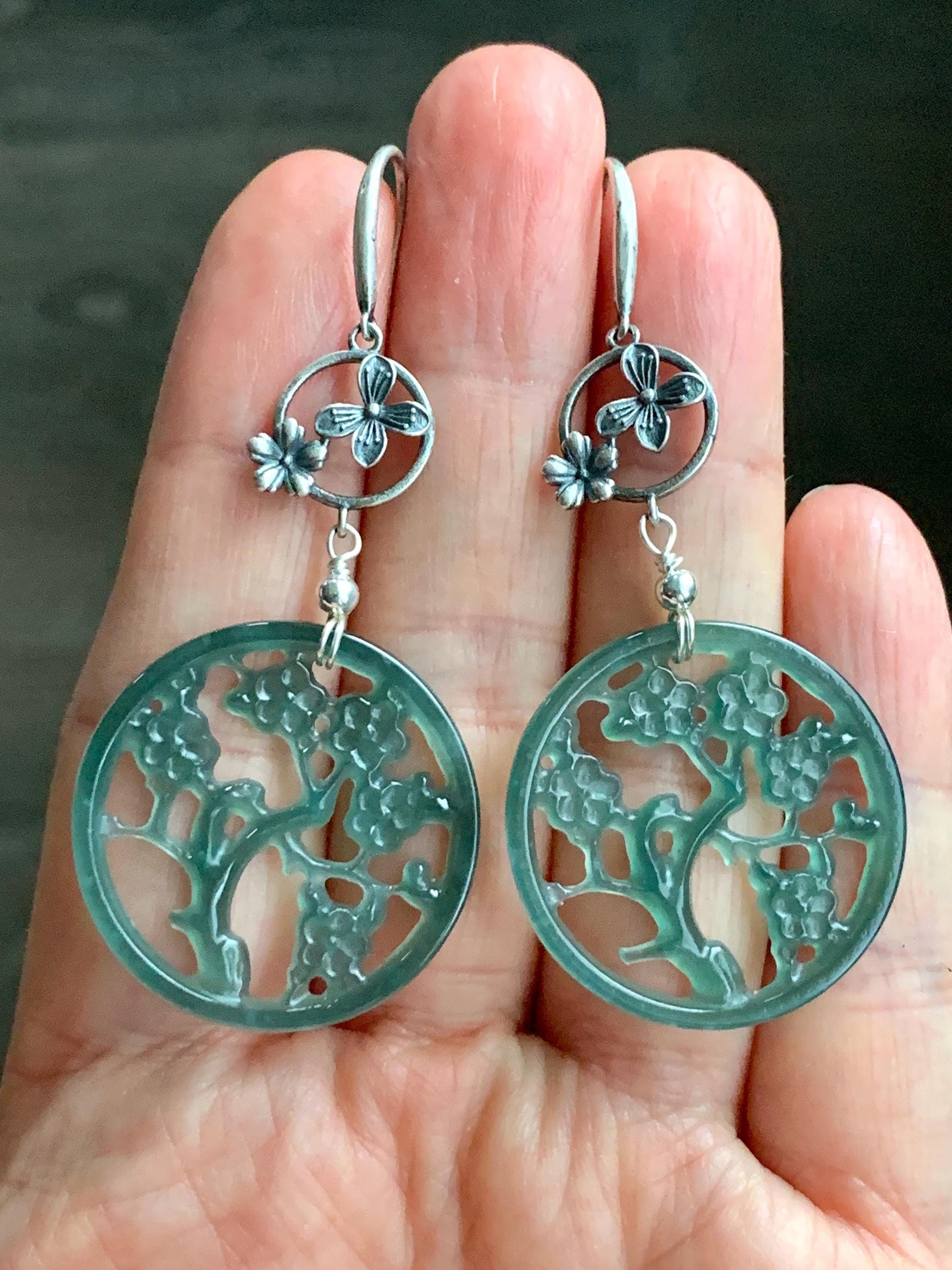 Natural Guatemalan Icy Highly Translucent Dark Teal Green Jadeite Engraved Cherry Blossom Dangle Earrings Sterling Silver 天然冰危蓝绿起光翡翠梅花枝仿古银耳钩