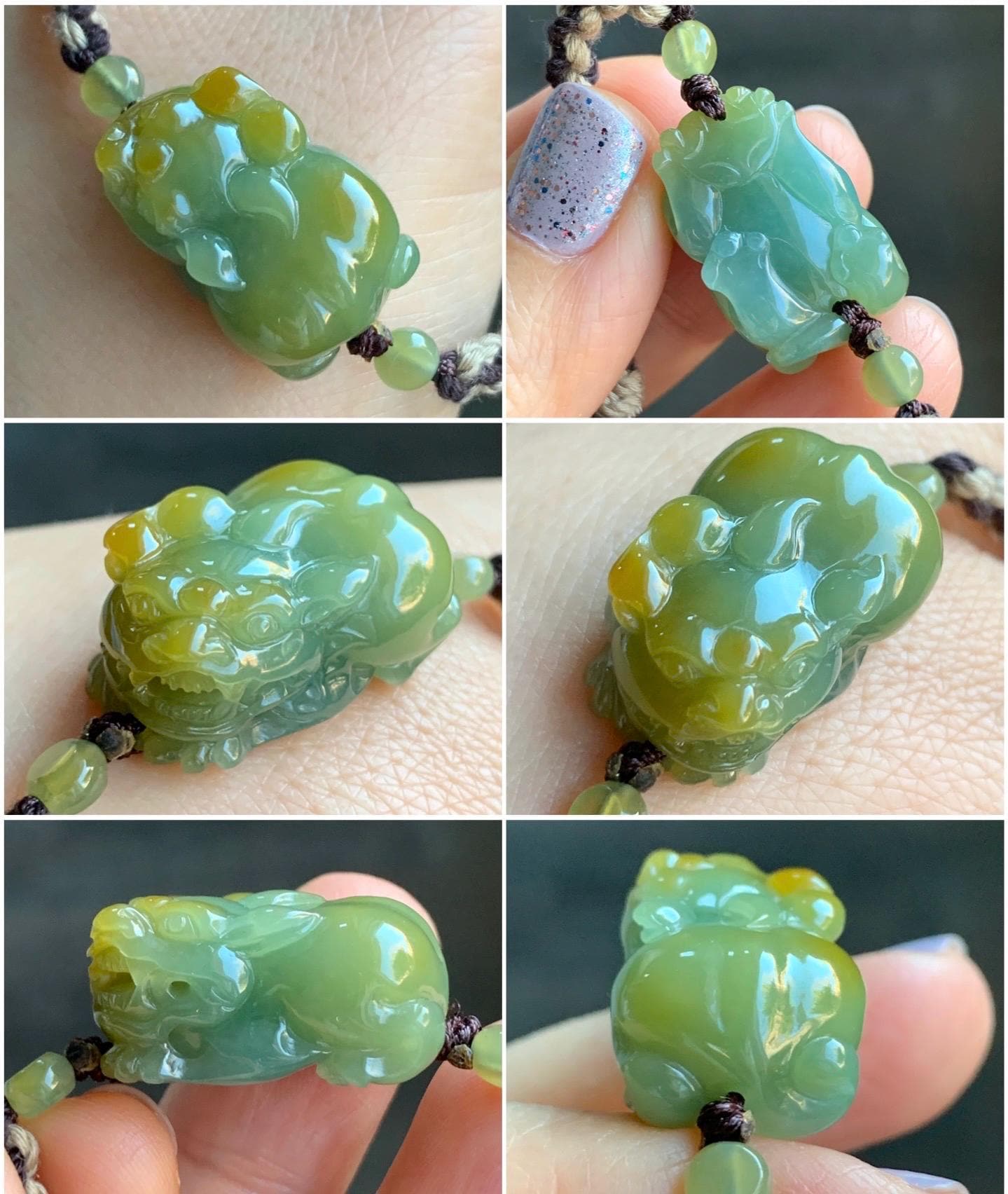 Certified Natural Guatemalan Icy Translucent Gelatinous Bright Yellow Marbled Jadeite Pixiu Rope Bracelet 5.75”-9.75” 天然冰胶危黄蓝翡翠貔貅手绳 7798