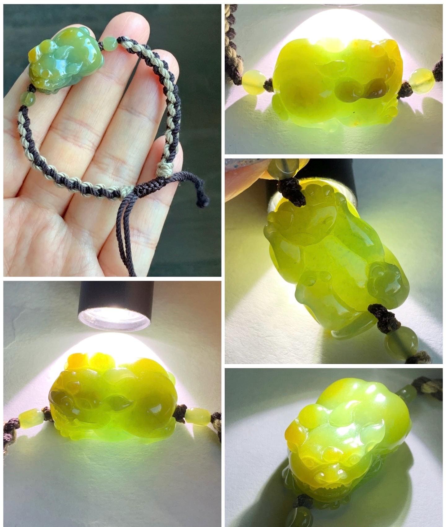Certified Natural Guatemalan Icy Translucent Gelatinous Bright Yellow Marbled Jadeite Pixiu Rope Bracelet 5.75”-9.75” 天然冰胶危黄蓝翡翠貔貅手绳 7798
