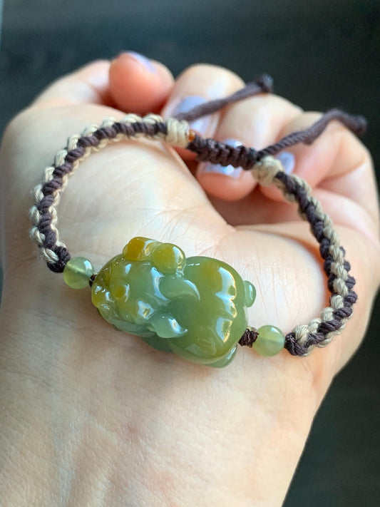 Certified Natural Guatemalan Icy Translucent Gelatinous Bright Yellow Marbled Jadeite Pixiu Rope Bracelet 5.75”-9.75” 天然冰胶危黄蓝翡翠貔貅手绳 7798