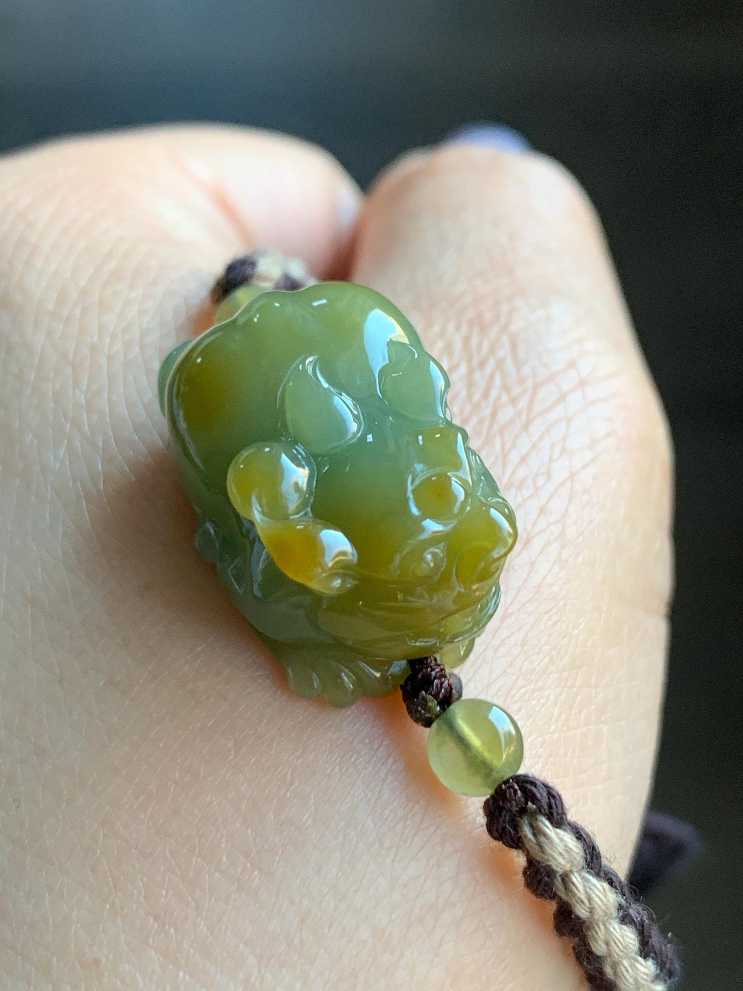 Certified Natural Guatemalan Icy Translucent Gelatinous Bright Yellow Marbled Jadeite Pixiu Rope Bracelet 5.75”-9.75” 天然冰胶危黄蓝翡翠貔貅手绳 7798