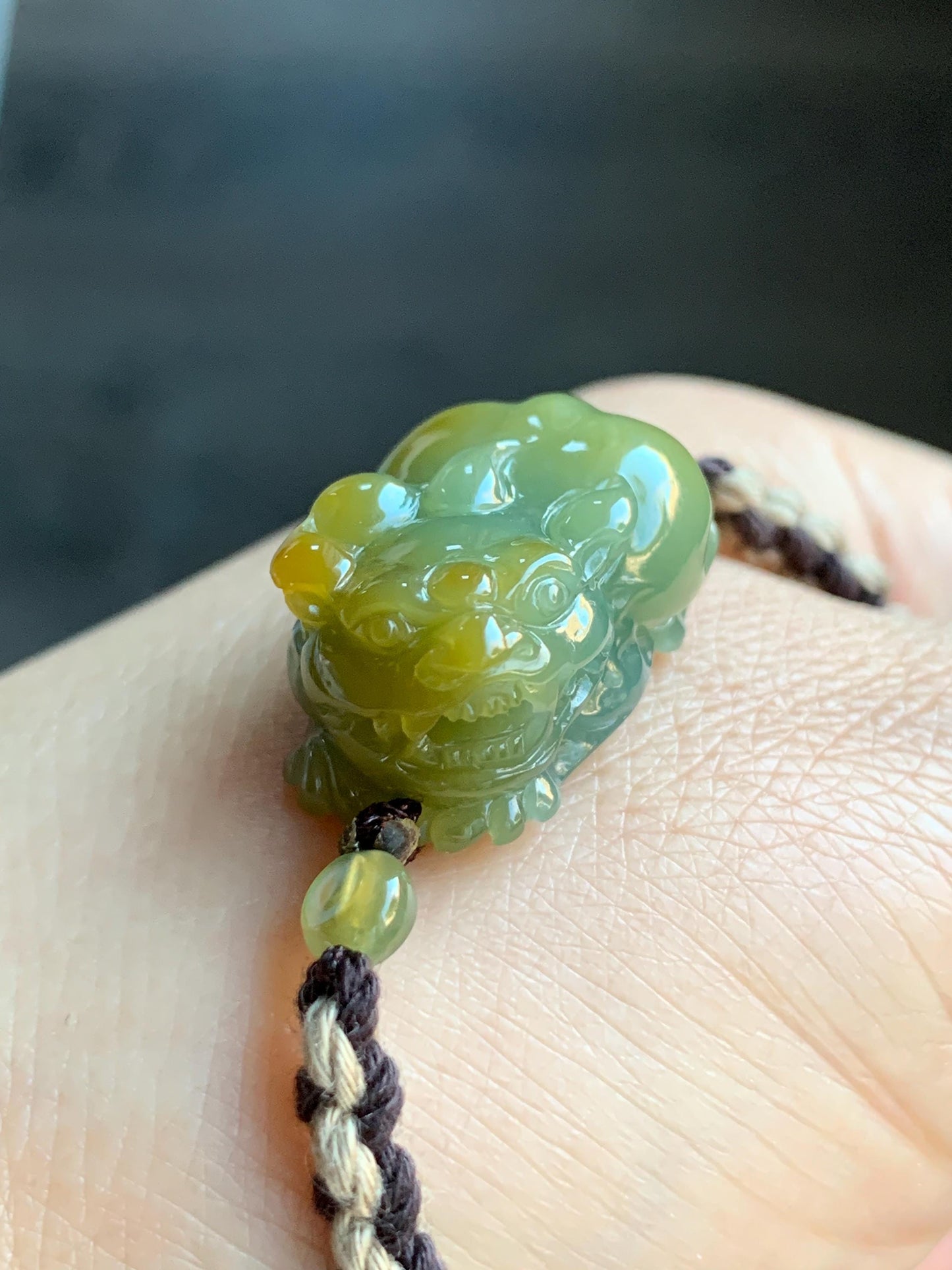 Certified Natural Guatemalan Icy Translucent Gelatinous Bright Yellow Marbled Jadeite Pixiu Rope Bracelet 5.75”-9.75” 天然冰胶危黄蓝翡翠貔貅手绳 7798