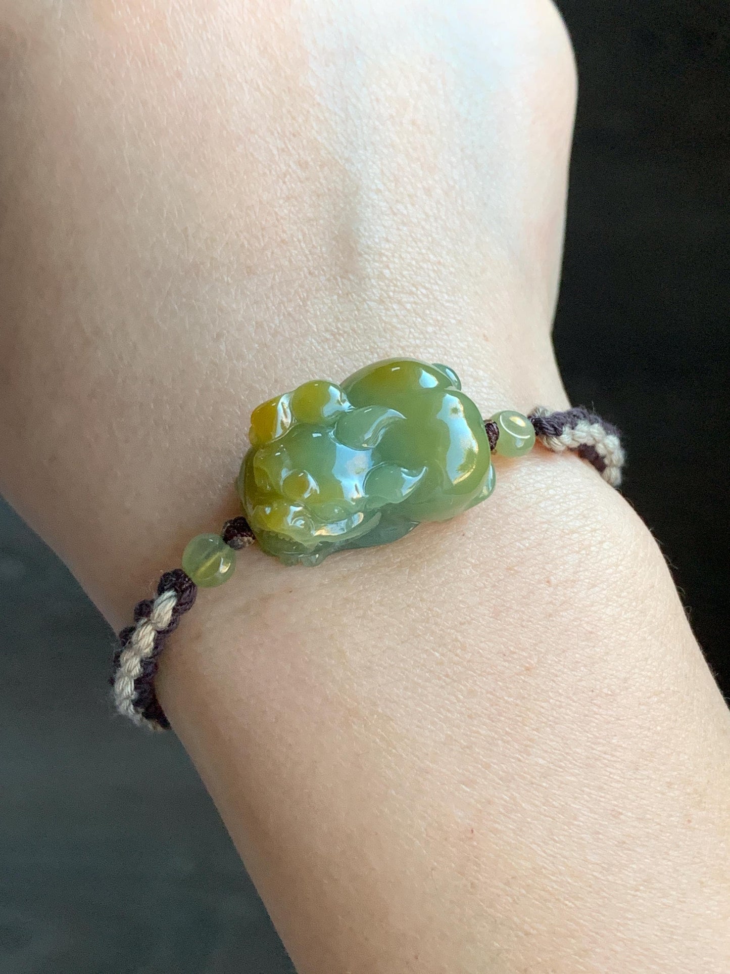 Certified Natural Guatemalan Icy Translucent Gelatinous Bright Yellow Marbled Jadeite Pixiu Rope Bracelet 5.75”-9.75” 天然冰胶危黄蓝翡翠貔貅手绳 7798