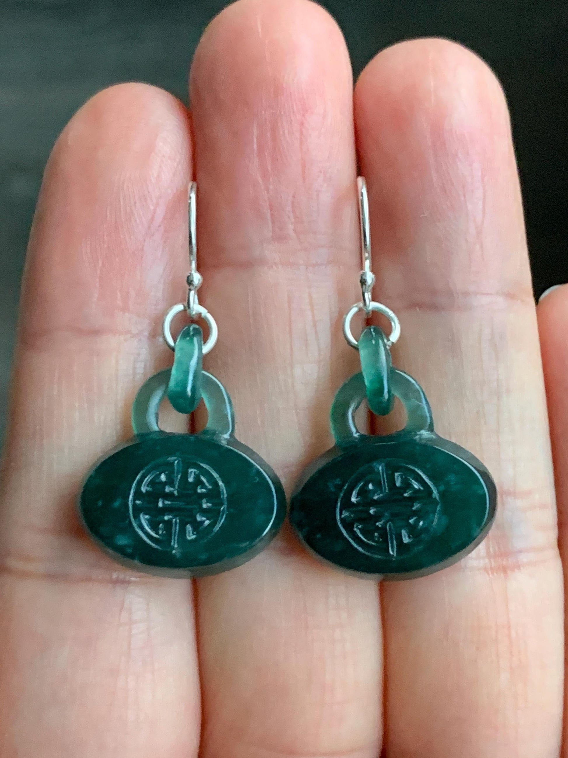 Natural Guatemalan Icy Translucent Dark Teal Green Jadeite Locks w/ Interlocking Rings Dangle Earrings Sterling Silver 天然冰危蓝绿翡翠锁包环环相扣银耳钩