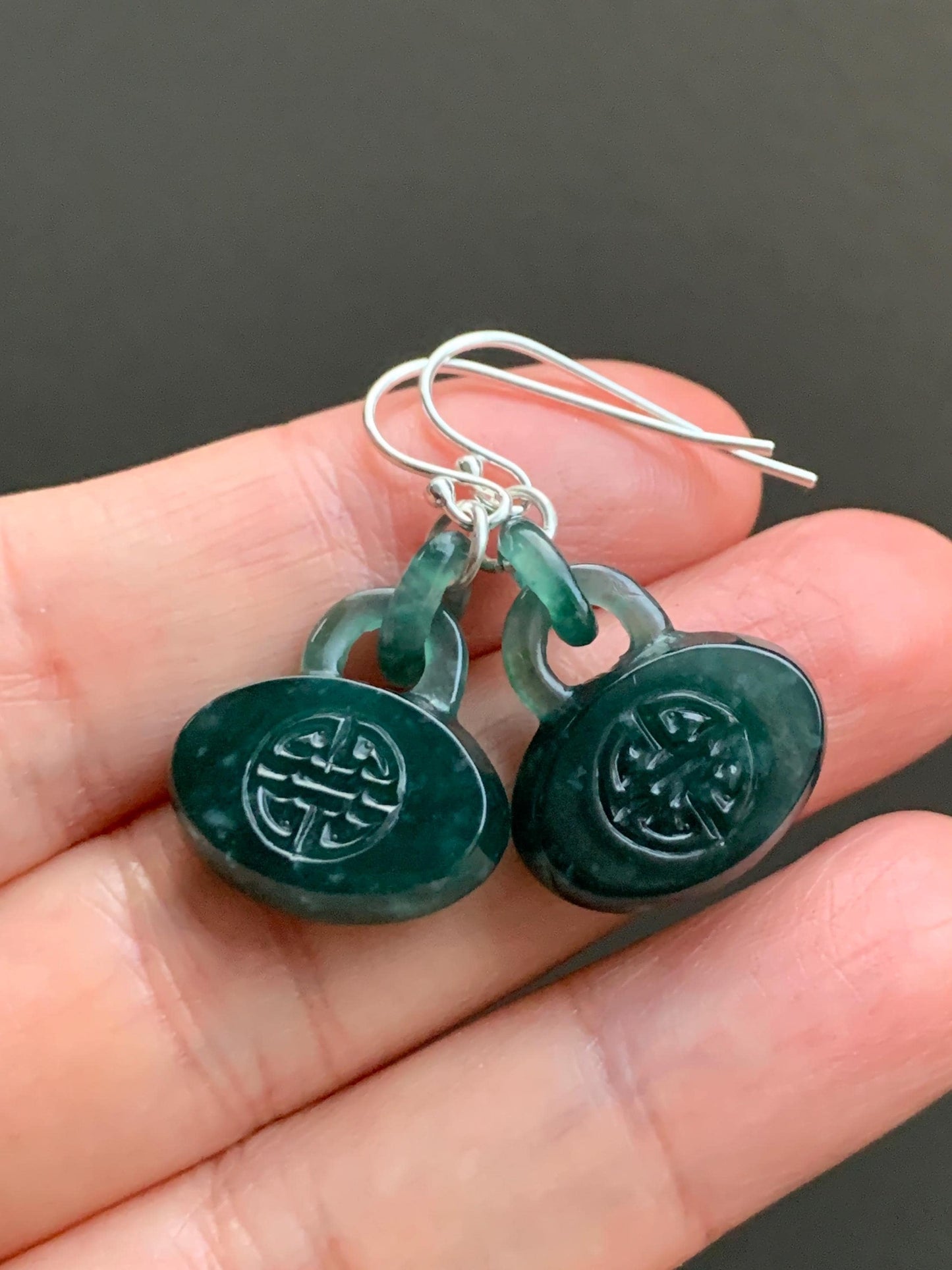Natural Guatemalan Icy Translucent Dark Teal Green Jadeite Locks w/ Interlocking Rings Dangle Earrings Sterling Silver 天然冰危蓝绿翡翠锁包环环相扣银耳钩