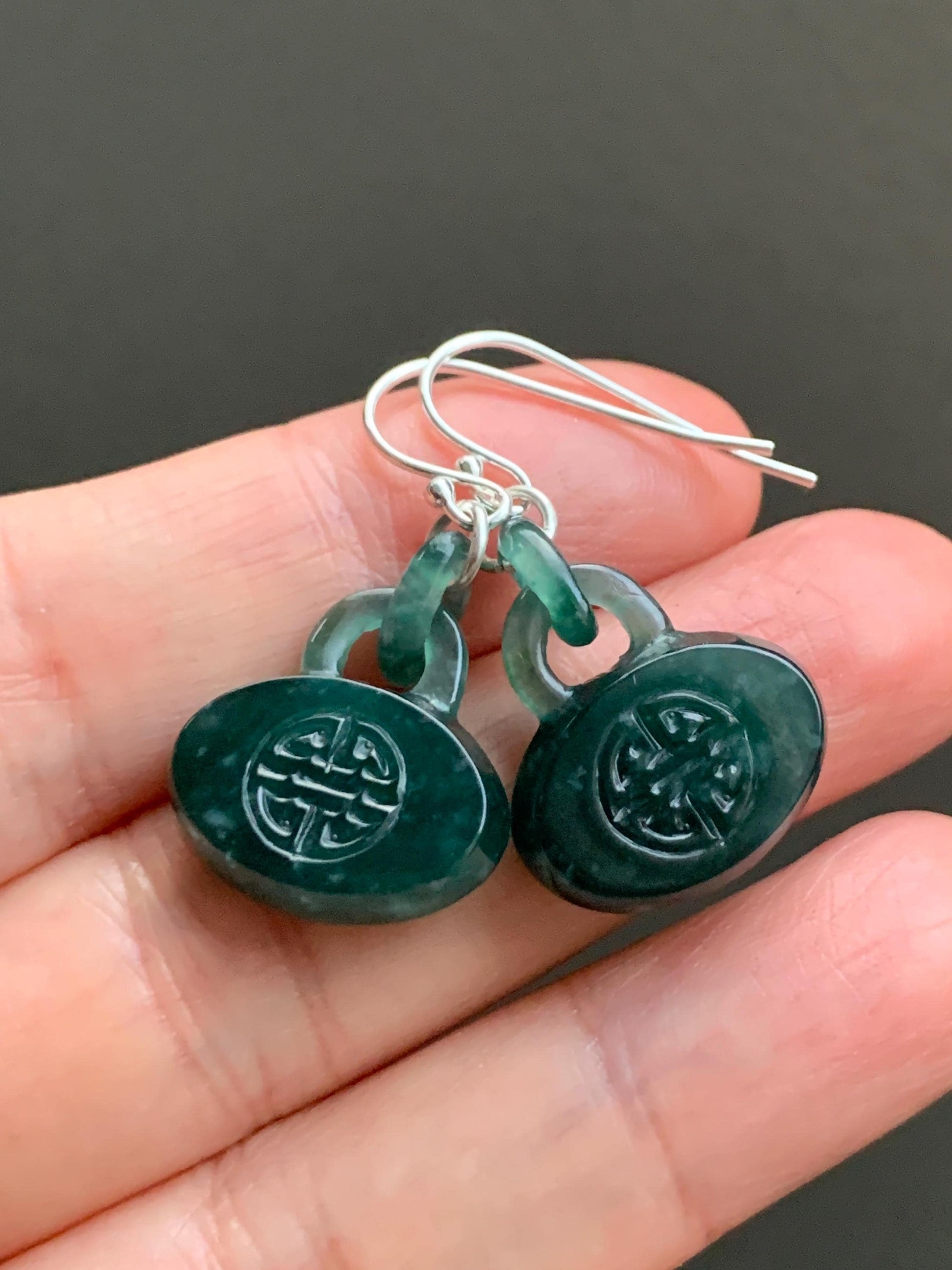 Natural Guatemalan Icy Translucent Dark Teal Green Jadeite Locks w/ Interlocking Rings Dangle Earrings Sterling Silver 天然冰危蓝绿翡翠锁包环环相扣银耳钩