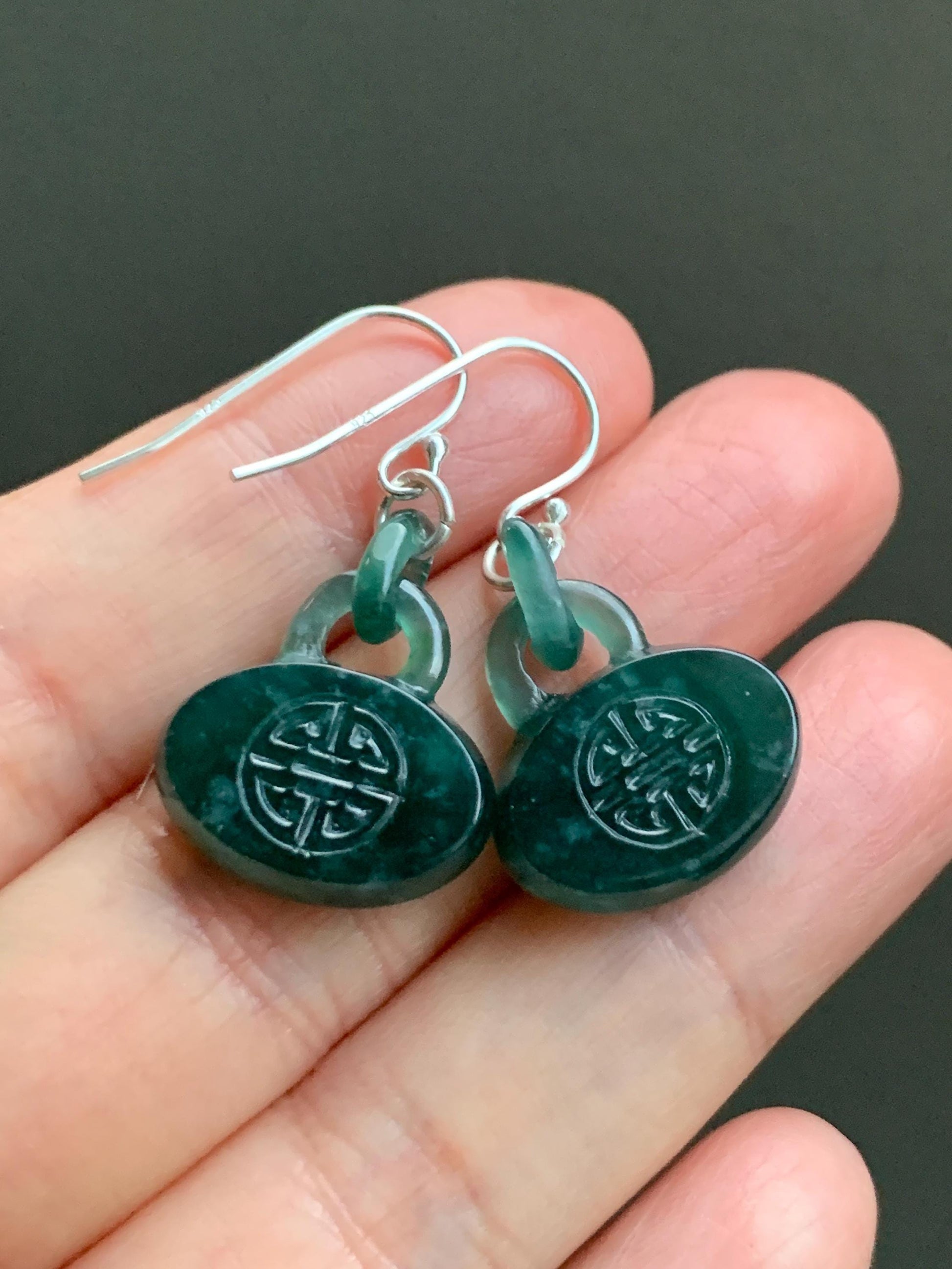 Natural Guatemalan Icy Translucent Dark Teal Green Jadeite Locks w/ Interlocking Rings Dangle Earrings Sterling Silver 天然冰危蓝绿翡翠锁包环环相扣银耳钩