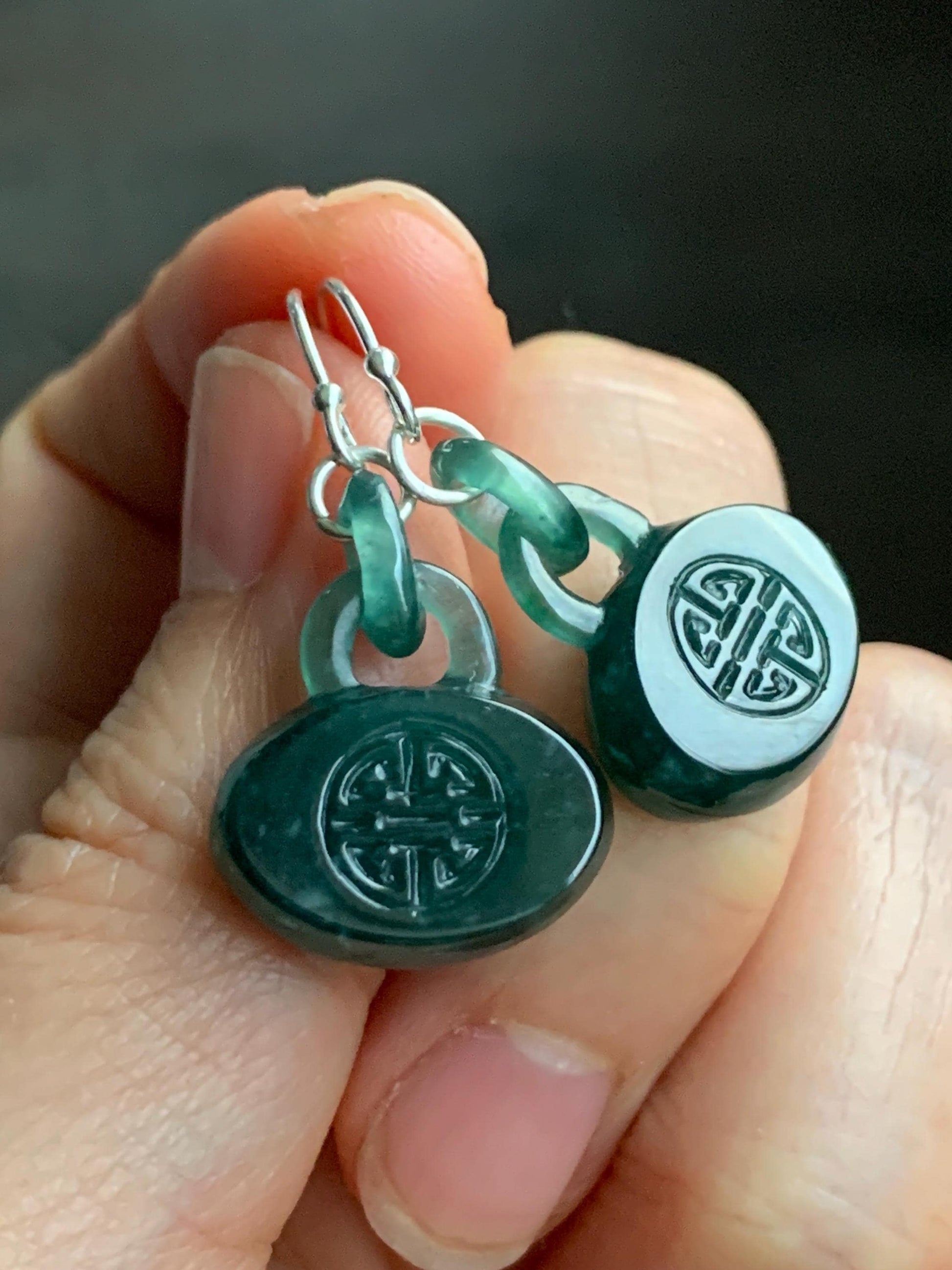 Natural Guatemalan Icy Translucent Dark Teal Green Jadeite Locks w/ Interlocking Rings Dangle Earrings Sterling Silver 天然冰危蓝绿翡翠锁包环环相扣银耳钩
