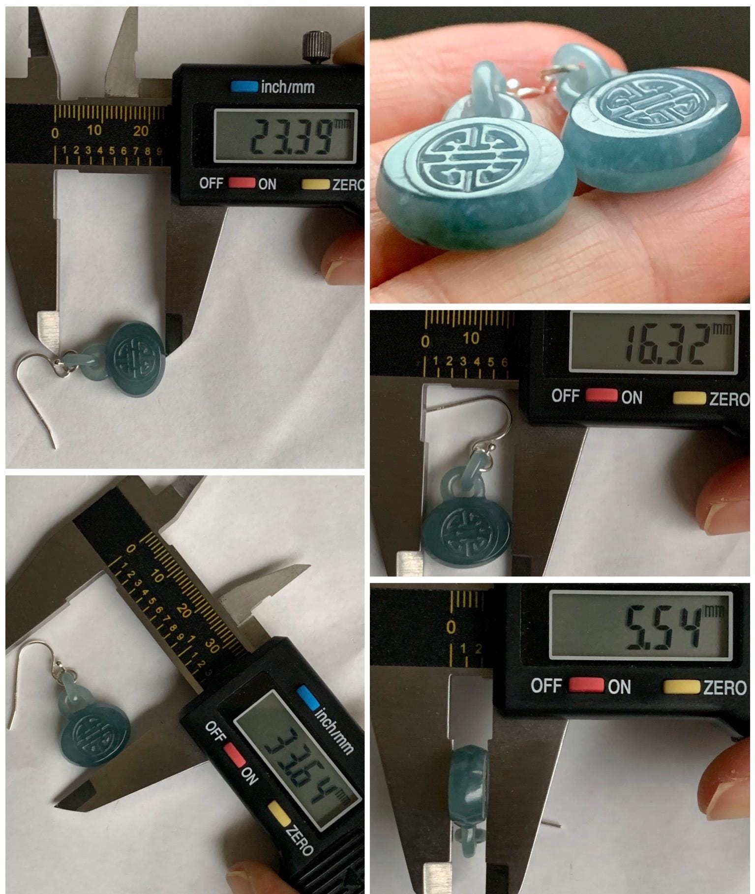 Natural Guatemalan Icy Translucent Dusty Teal Blue Jadeite Locks w/ Interlocking Rings Dangle Earrings Sterling Silver 天然冰危蓝翡翠锁包环环相扣银耳钩