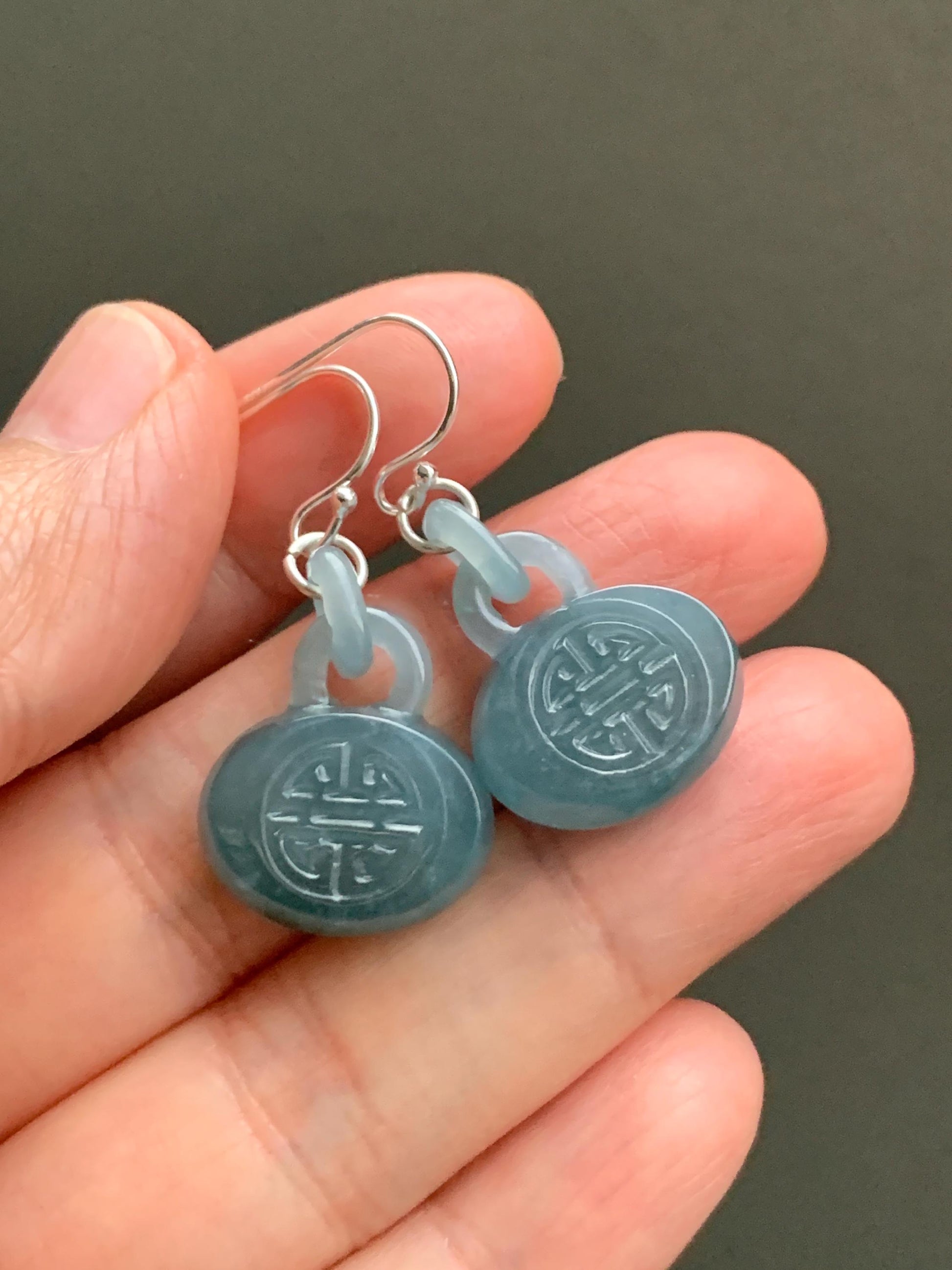 Natural Guatemalan Icy Translucent Dusty Teal Blue Jadeite Locks w/ Interlocking Rings Dangle Earrings Sterling Silver 天然冰危蓝翡翠锁包环环相扣银耳钩