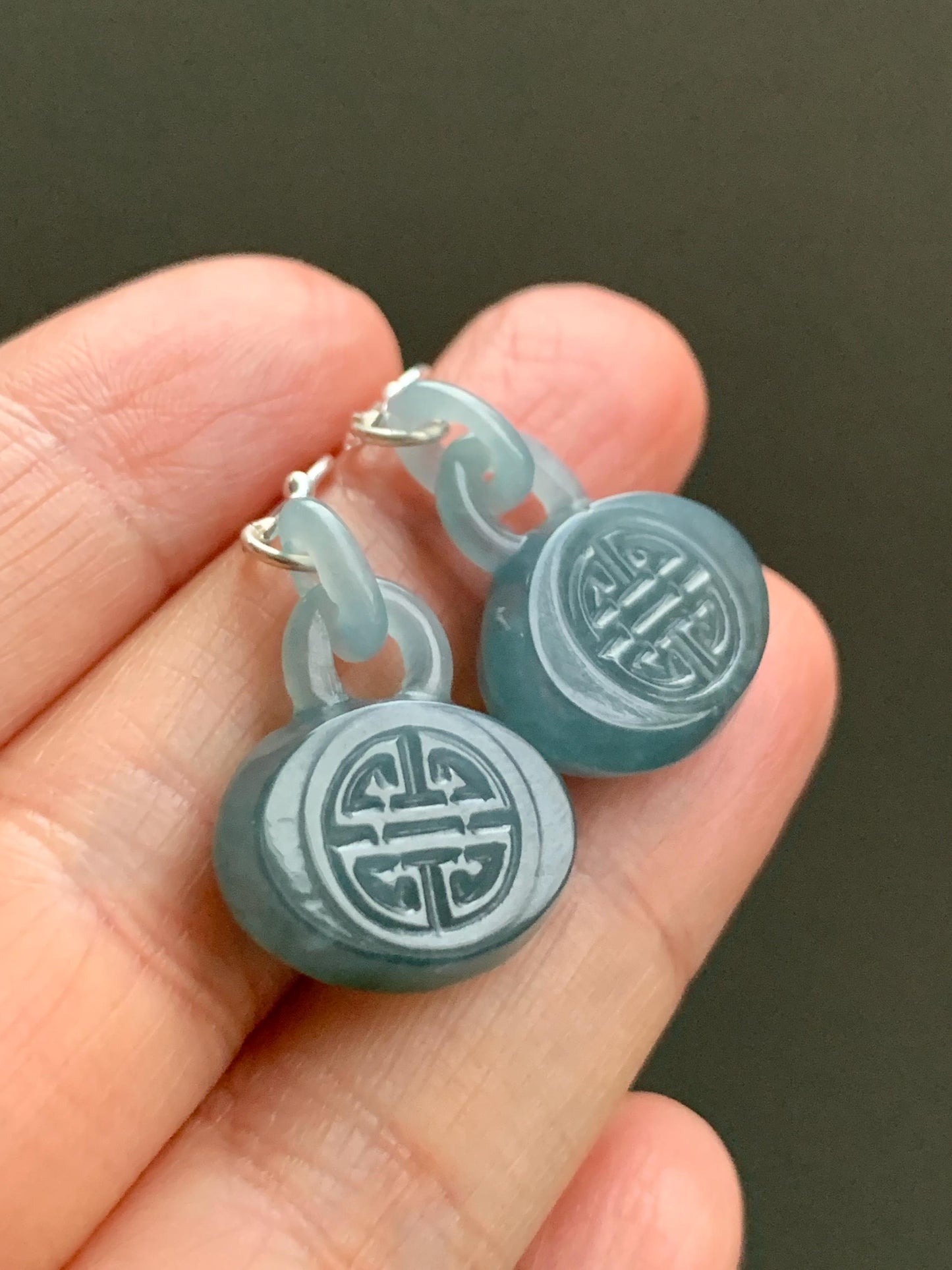 Natural Guatemalan Icy Translucent Dusty Teal Blue Jadeite Locks w/ Interlocking Rings Dangle Earrings Sterling Silver 天然冰危蓝翡翠锁包环环相扣银耳钩