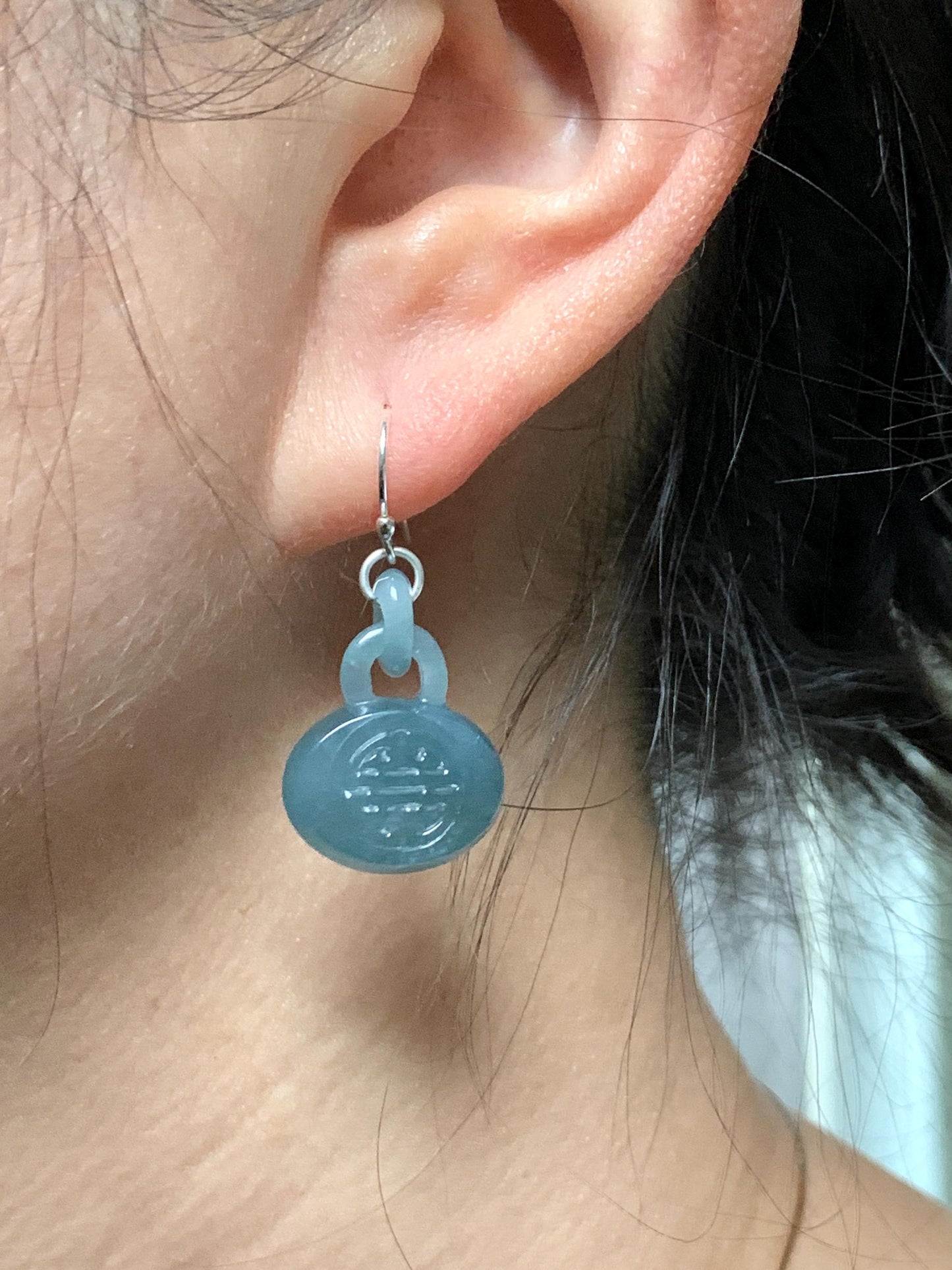 Natural Guatemalan Icy Translucent Dusty Teal Blue Jadeite Locks w/ Interlocking Rings Dangle Earrings Sterling Silver 天然冰危蓝翡翠锁包环环相扣银耳钩