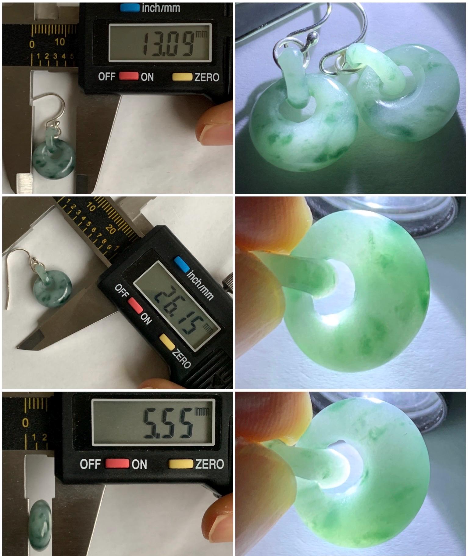 Natural Grade A Icy Translucent Teal Green Marbled Jadeite Locks w/ Interlocking Rings Dangle Earrings Sterling Silver 天然冰飘花翡翠锁包环环相扣银耳钩