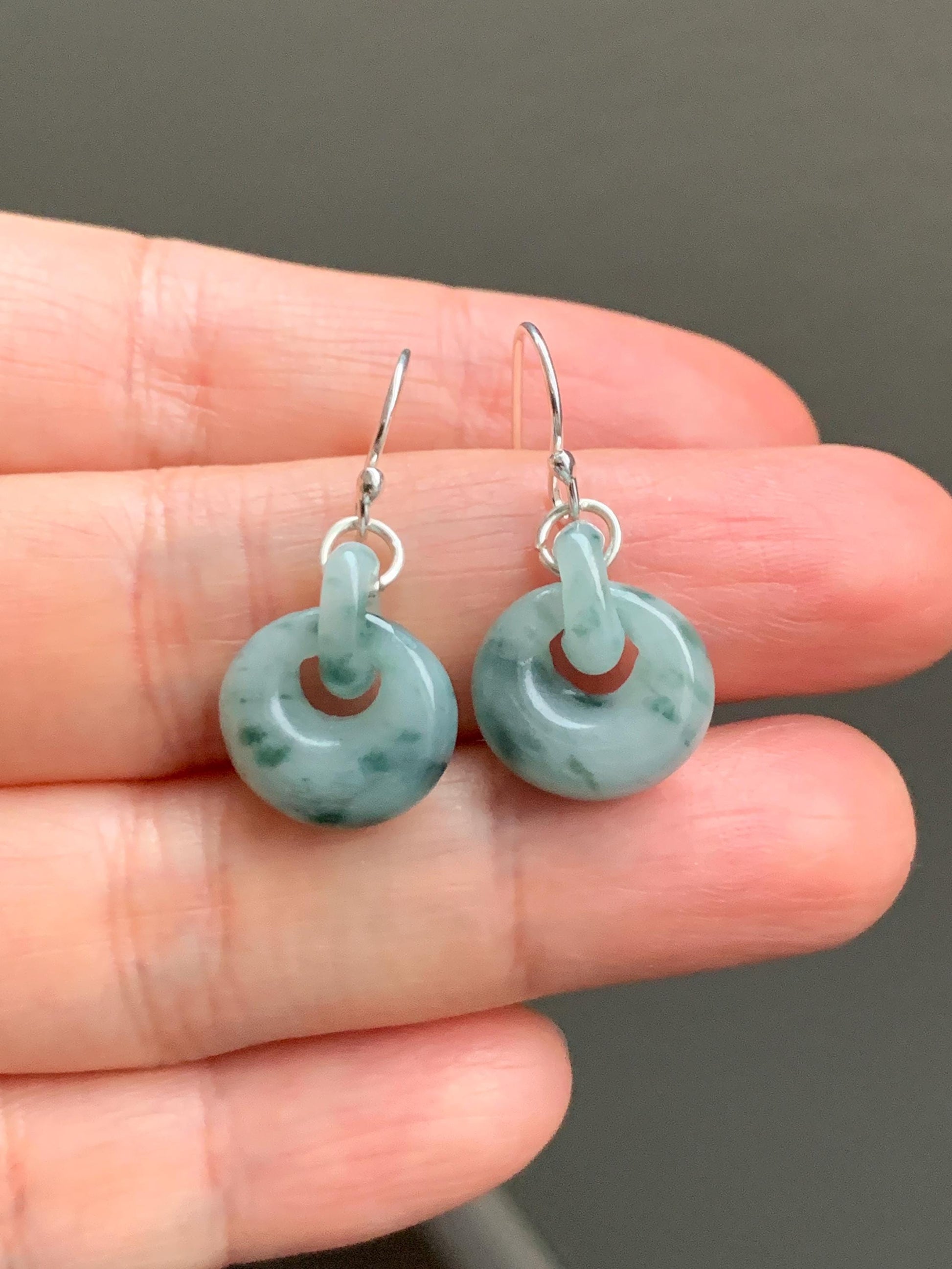 Natural Grade A Icy Translucent Teal Green Marbled Jadeite Locks w/ Interlocking Rings Dangle Earrings Sterling Silver 天然冰飘花翡翠锁包环环相扣银耳钩