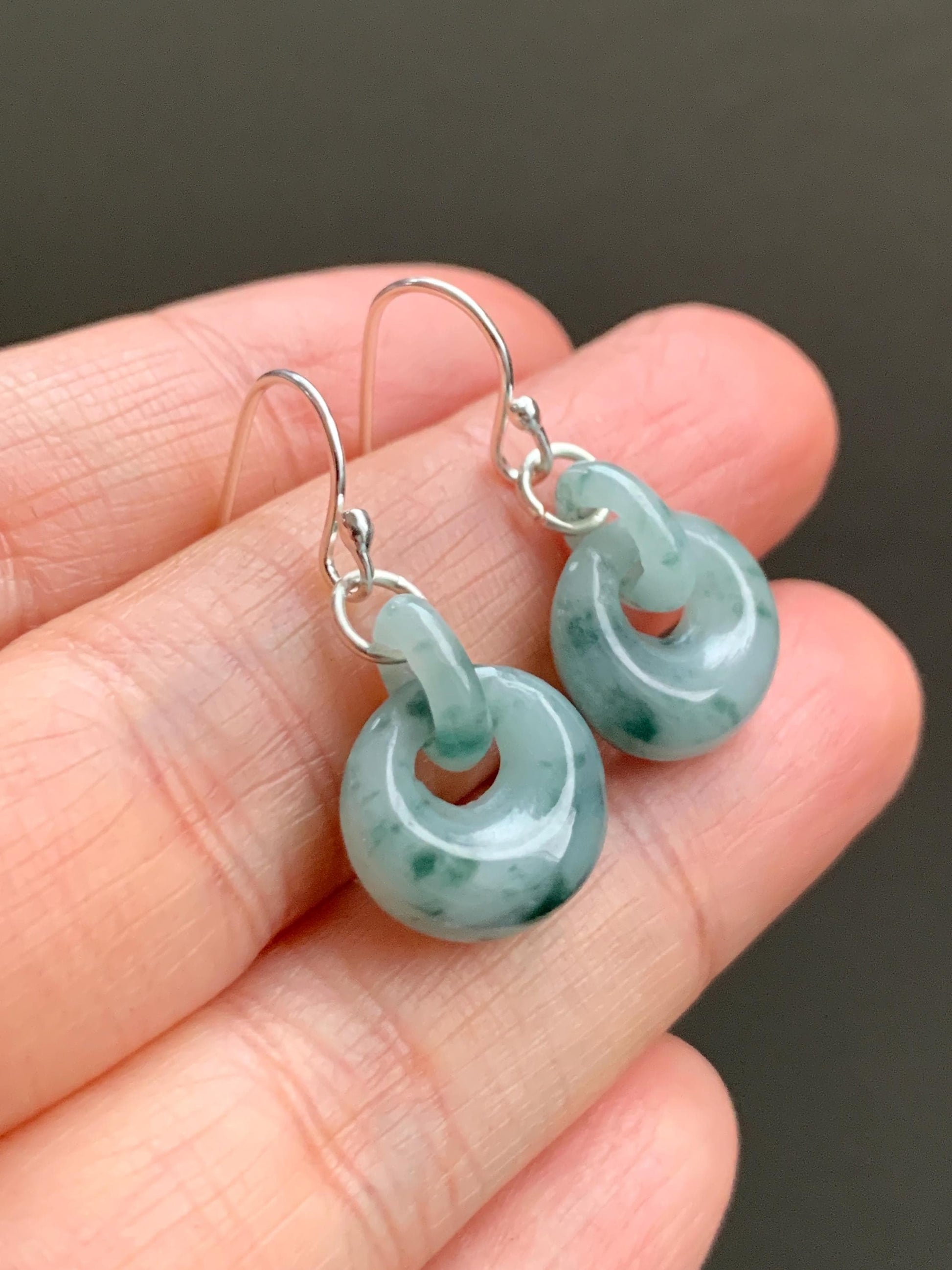Natural Grade A Icy Translucent Teal Green Marbled Jadeite Locks w/ Interlocking Rings Dangle Earrings Sterling Silver 天然冰飘花翡翠锁包环环相扣银耳钩