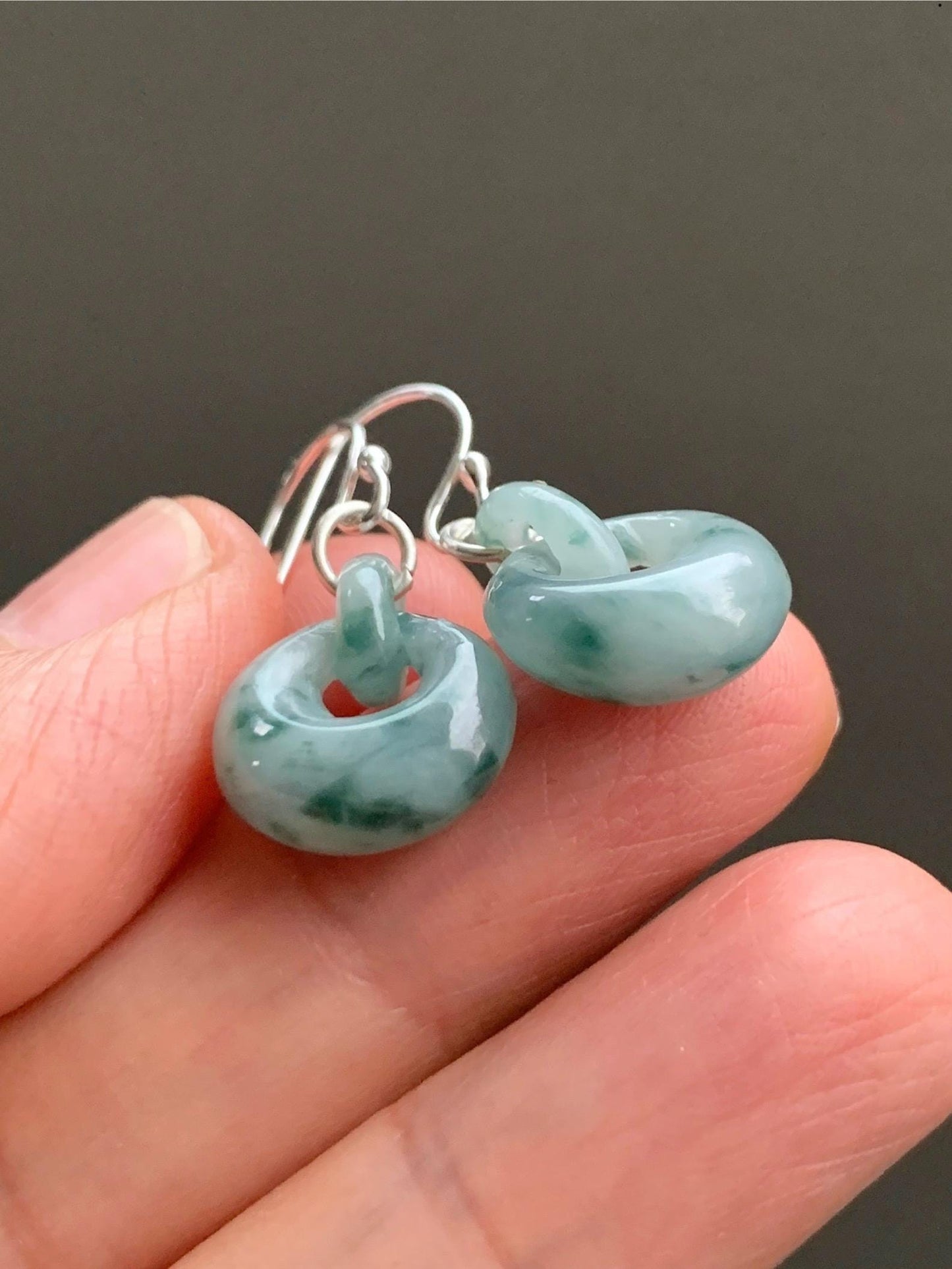Natural Grade A Icy Translucent Teal Green Marbled Jadeite Locks w/ Interlocking Rings Dangle Earrings Sterling Silver 天然冰飘花翡翠锁包环环相扣银耳钩